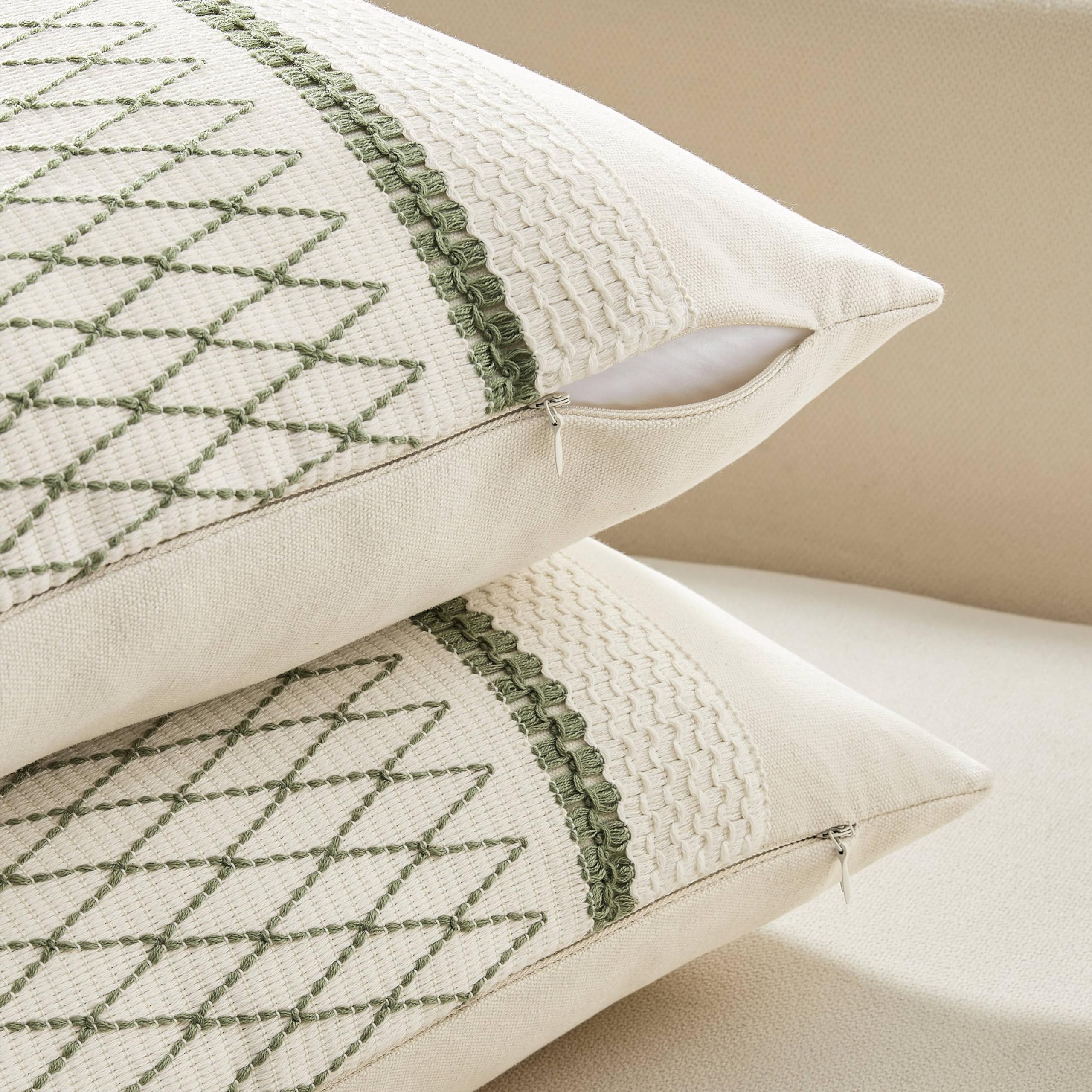 Zeemart 2 Packs Cotton Boho Lumbar Throw Pillow Covers 12X20 Inch Grid Green, Soft Farmhouse Decorative Couch Pillow Cases Sage Green Cushion Covers For Sofa Bed Living Room Home Decor