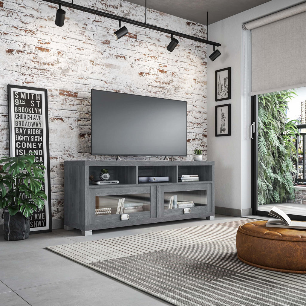 65” Tv Stand With Storage & Glass Display Cabinets, Grey Tv Stand For Living Room Or Bedroom With Cable Management, Fits Screens Up To 65 Inches When Measured Diagonally, Grey