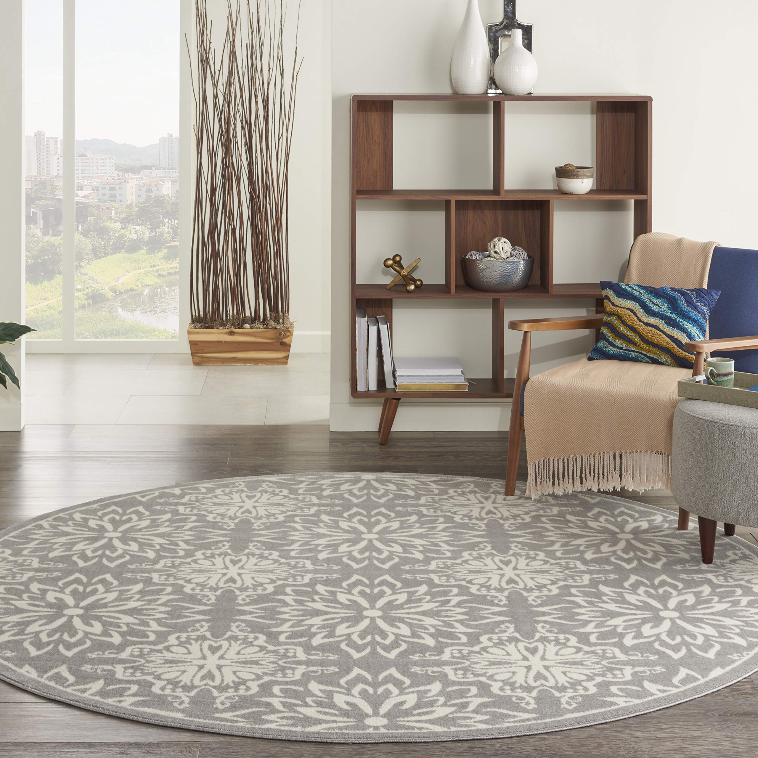 Nourison Jubilant Floral Ivory/Grey 8 x Round Area-Rug, Easy-Cleaning, Non Shedding, Bed Room, Living Room, Dining Room, Kitche
