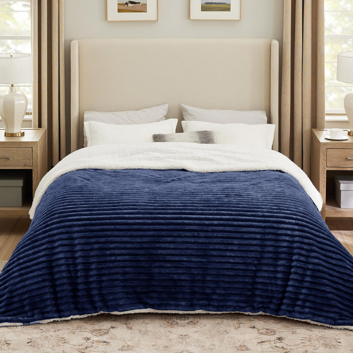 Bedsure Sherpa Blanket King Size For Bed - Super Soft Cozy Plush Fleece Thick Warm Blanket For Winter, Navy Blue, 108X90 Inches