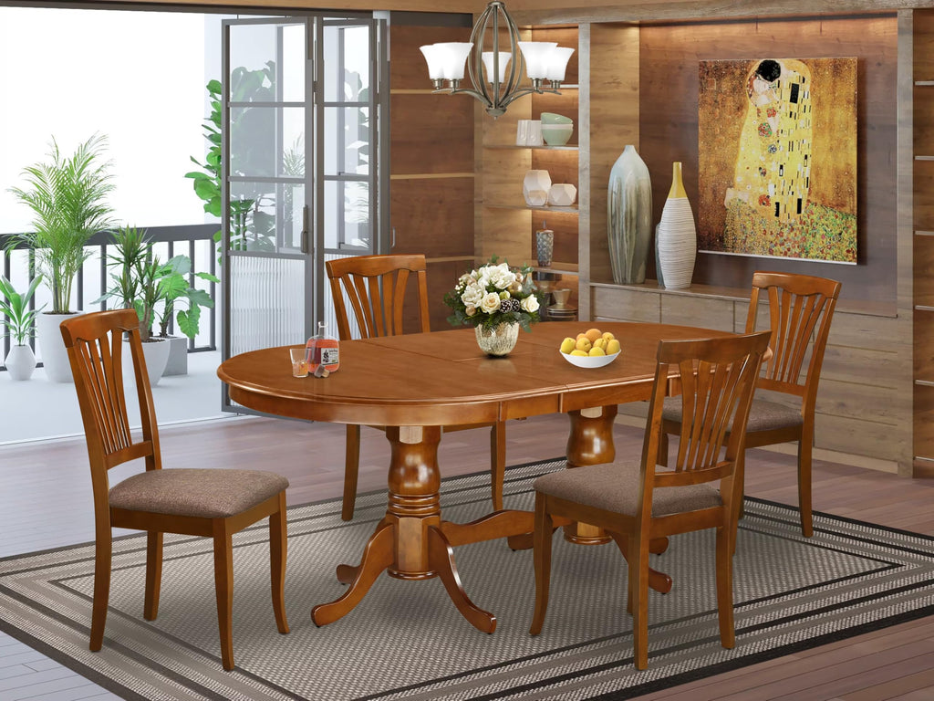 East West Furniture PLAV5-SBR-C 5 Piece Dining Room Table Set Includes an Oval Wooden Table with Butterfly Leaf and 4 Linen Fabric Kitchen Dining Chairs, 42x78 Inch, Saddle Brown