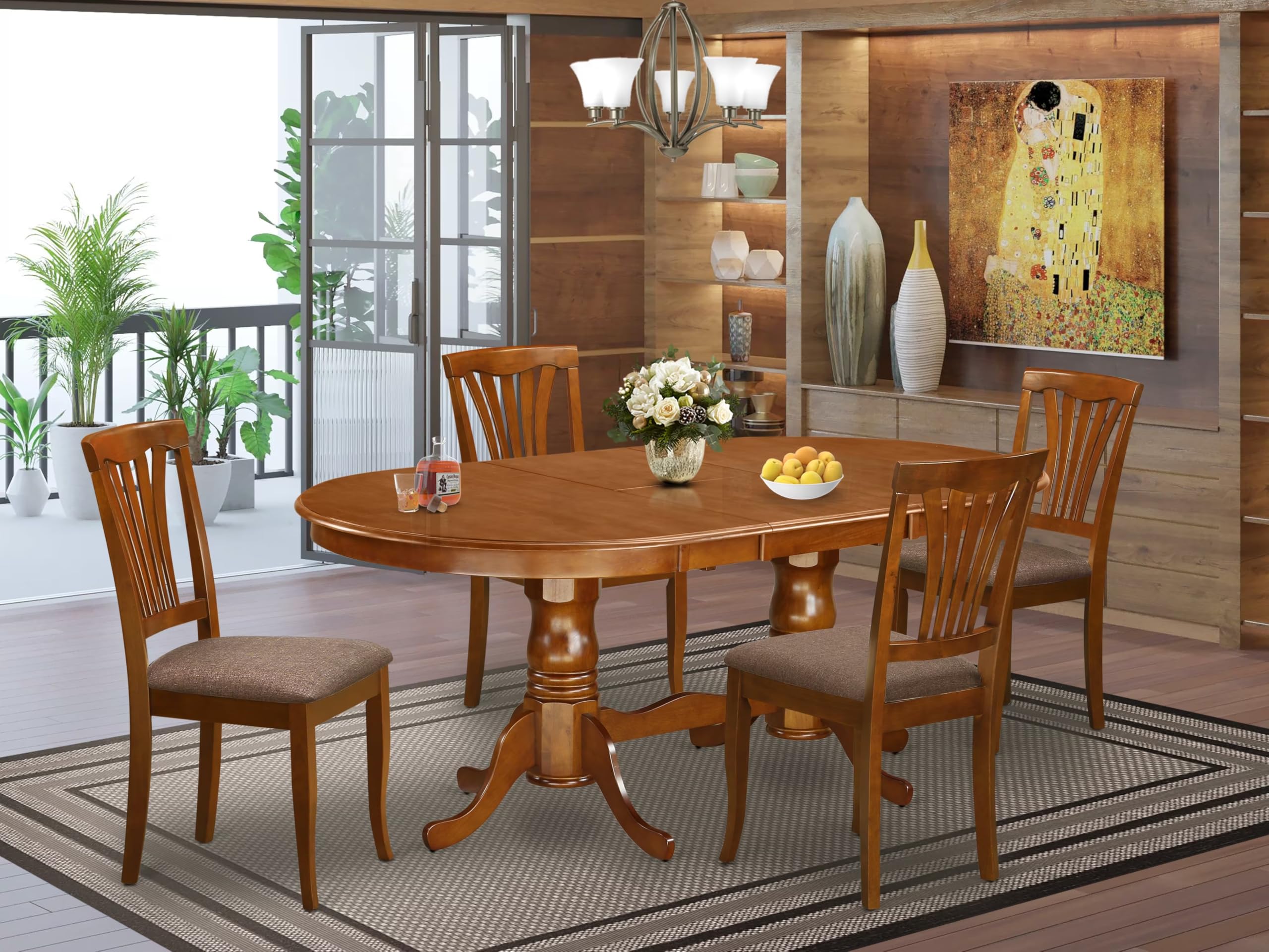 East West Furniture PLAV5-SBR-C 5 Piece Dining Room Table Set Includes an Oval Wooden Table with Butterfly Leaf and 4 Linen Fabric Kitchen Dining Chairs, 42x78 Inch, Saddle Brown