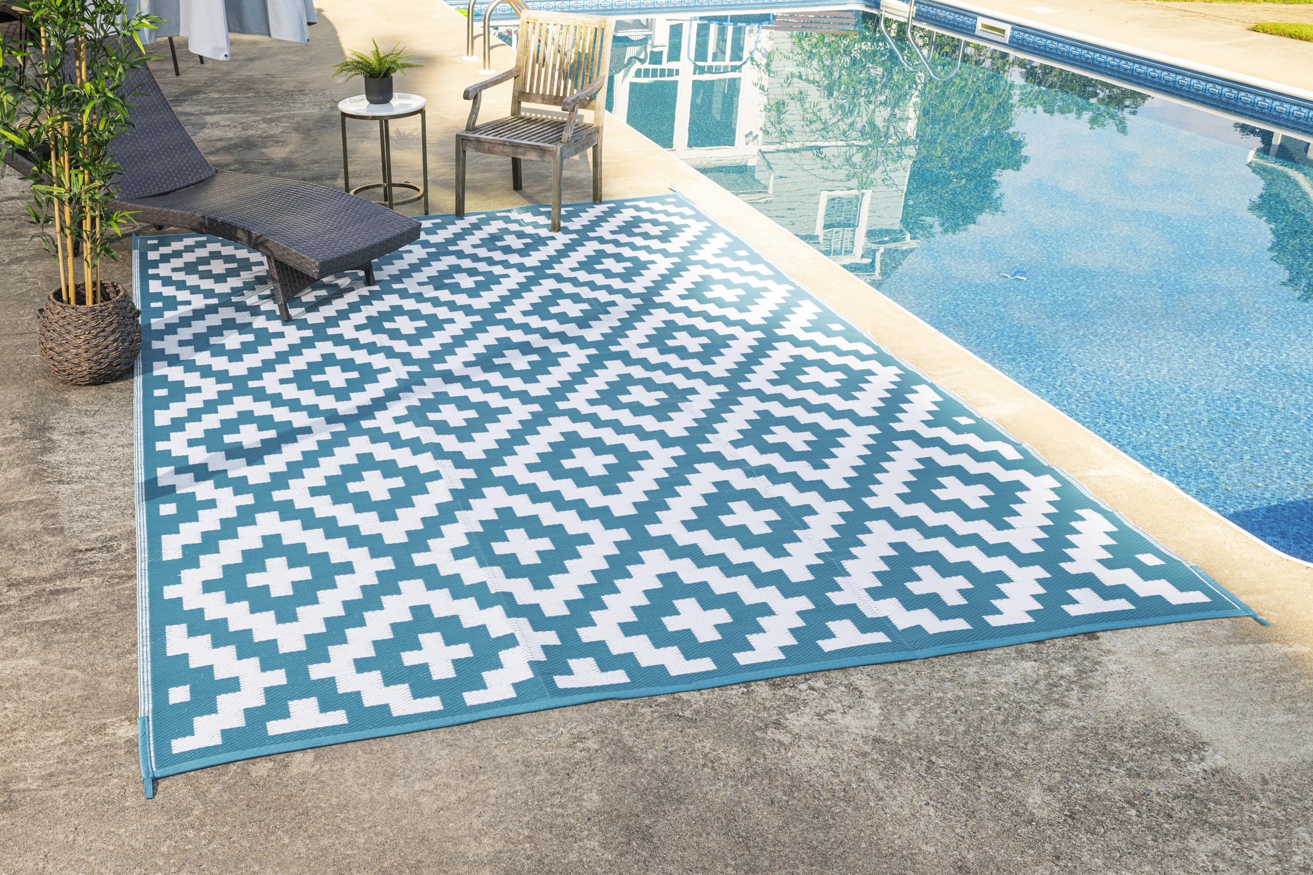 Fh Home Outdoor Camping Rug - Waterproof, Fade Resistant, Reversible - Premium Recycled Plastic - Geometric - Large Patio, Deck,