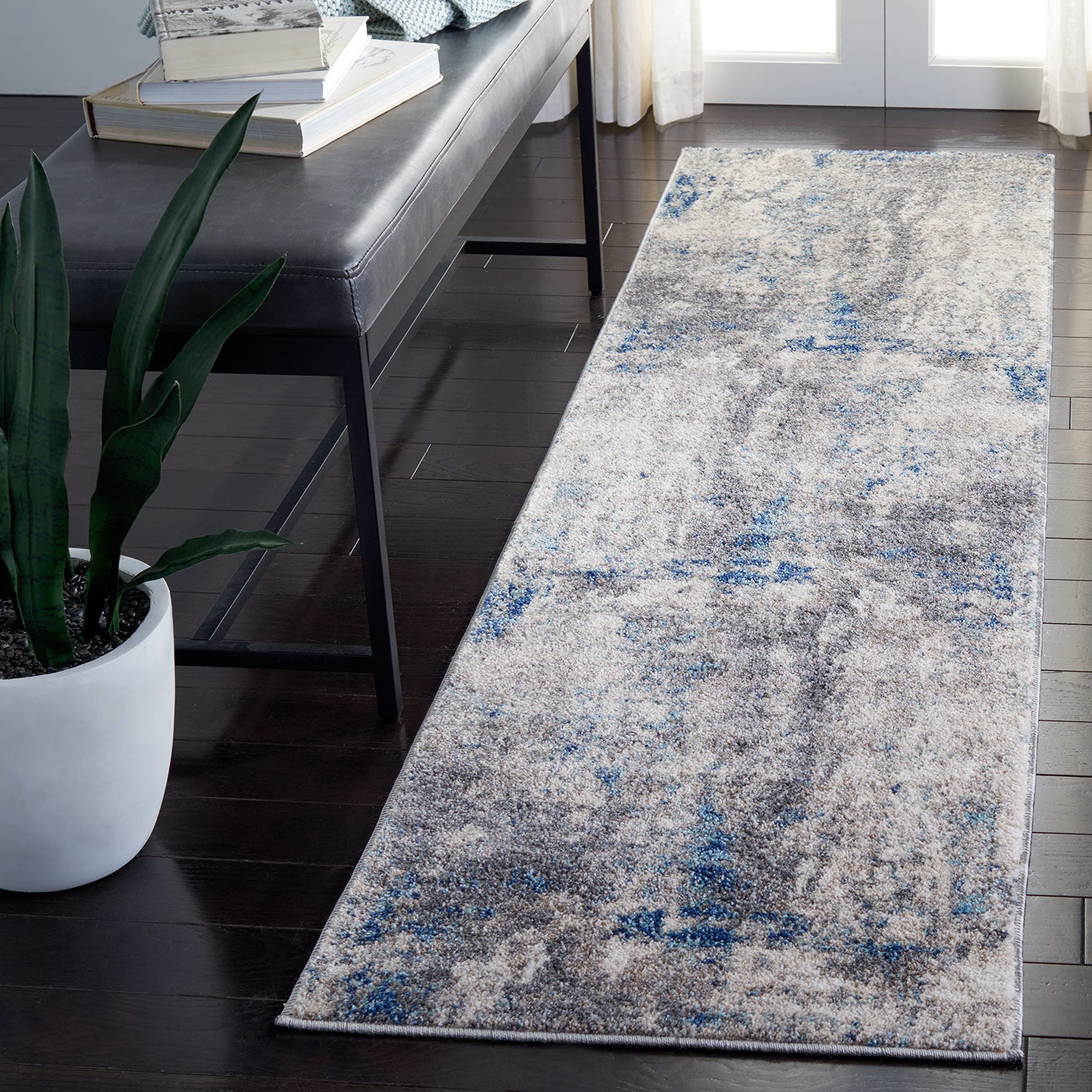SAFAVIEH Aston Collection Runner Rug - 2 x 7, Grey & Navy, Modern Abstract Design, Non-Shedding & Easy Care, Ideal for High Tr