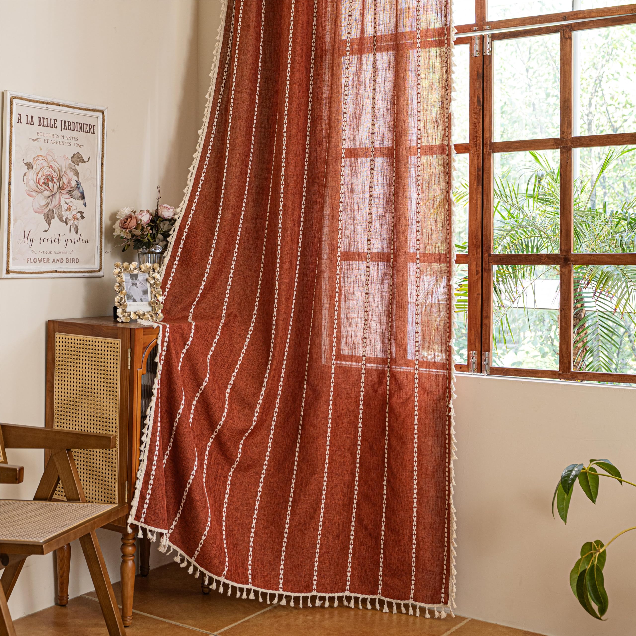 Sutuo Home Terracotta Boho Curtains for Living Room Bedroom, Halloween Bohemian Light Filtering Farmhouse Burnt Orange Tassels W