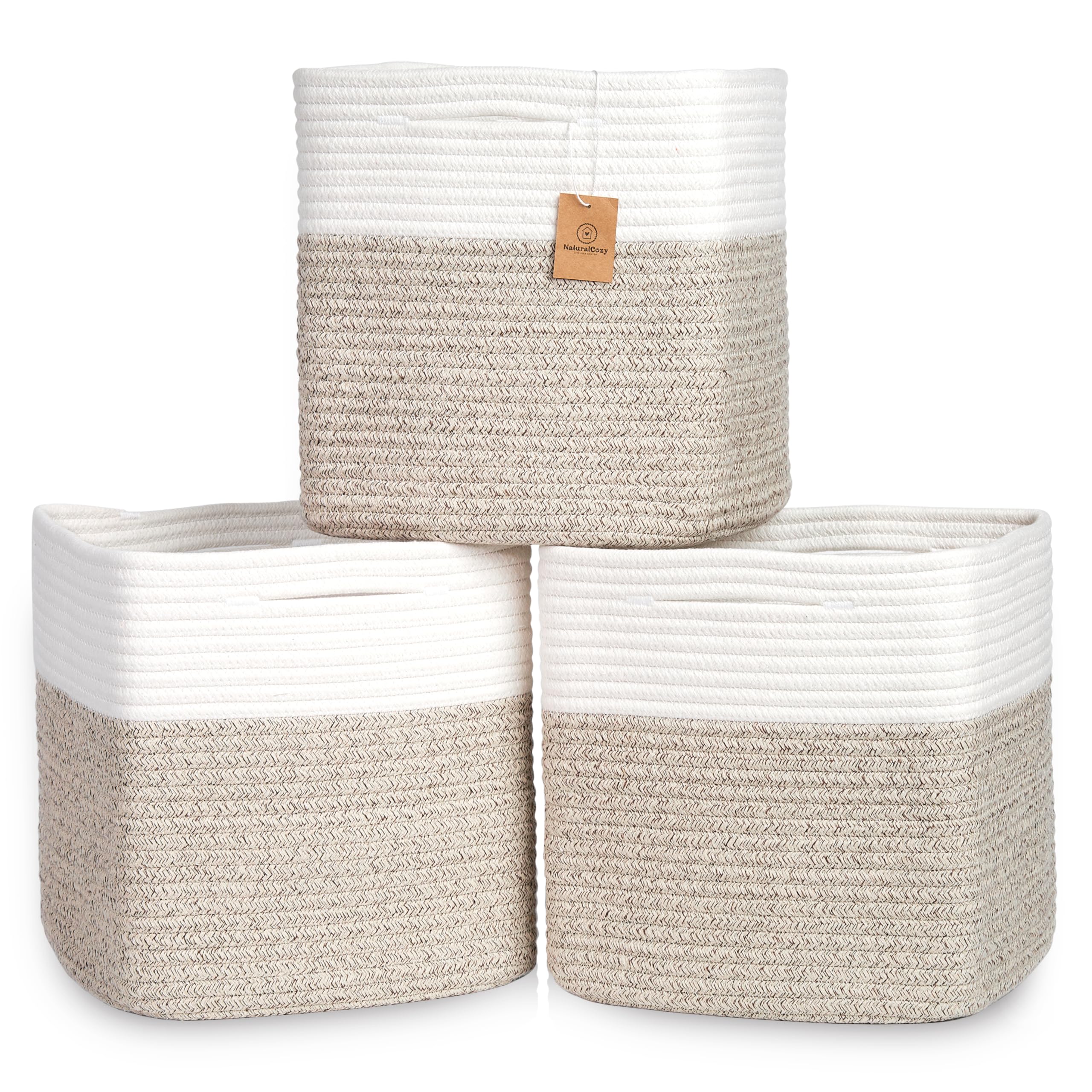NaturalCozy 13 Inch Cube Storage Bins Cotton Rope Woven Baskets for Organizing 3-Pack | 13 x 13 Storage Cubes | Fabric Square St