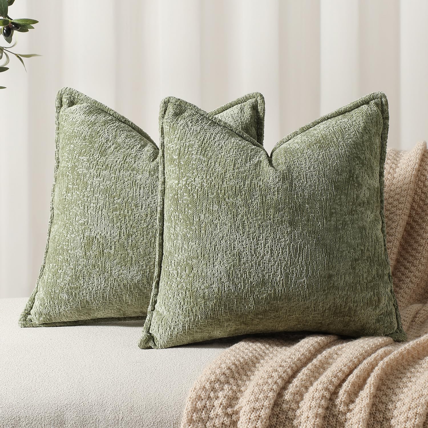 Dezene Pack Of 2 Sage Green Decorative Throw Pillow Covers 24X24 Cozy Soft Chenille Accent Vintage Square Couch Pillow Covers Fo