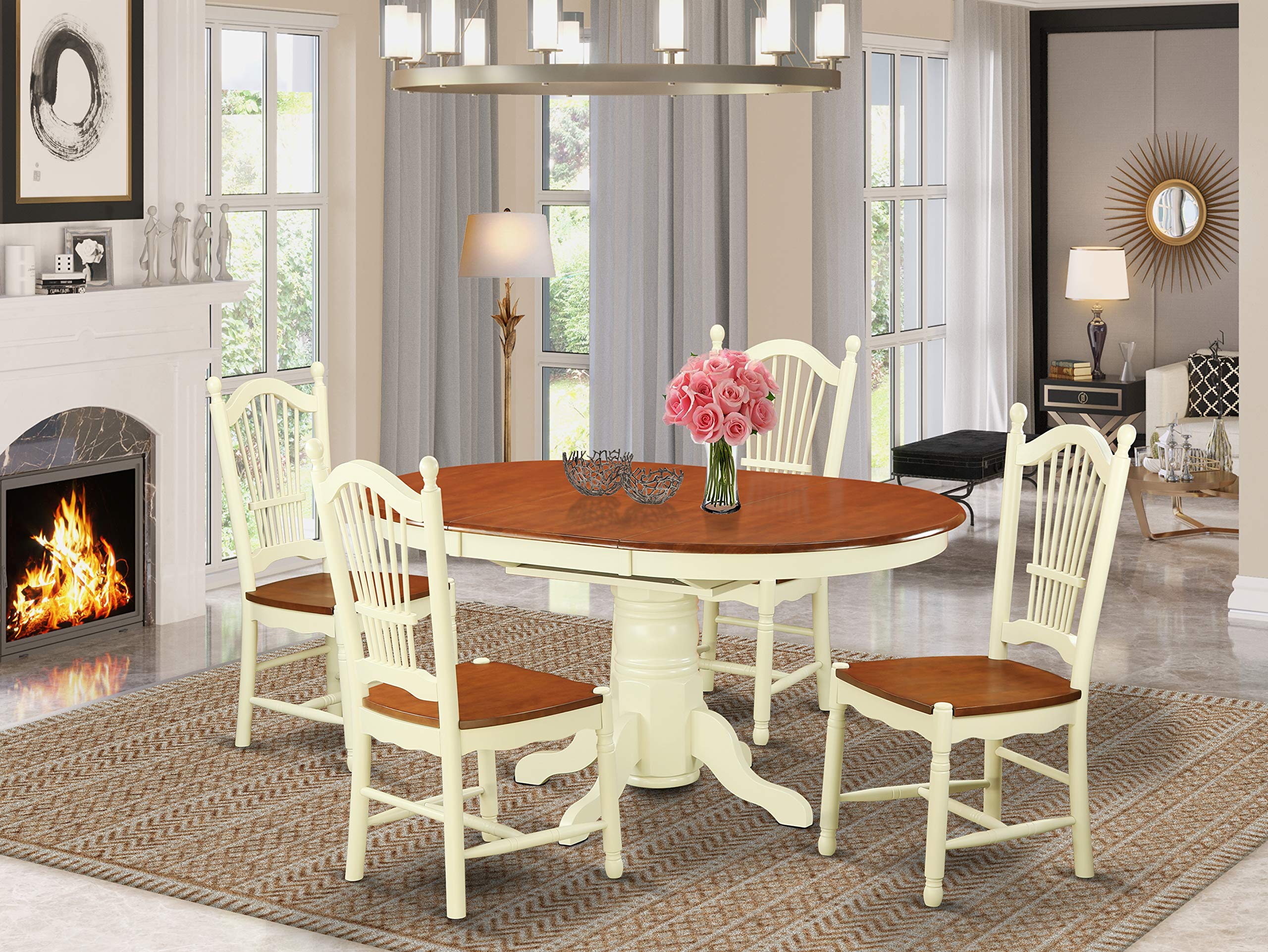 East West Furniture AVDO5-WHI-W 5 Piece Kitchen Table Set for 4 Includes an Oval Dining Room Table with Butterfly Leaf and 4 Dining Chairs, 42x60 Inch, Buttermilk & Cherry