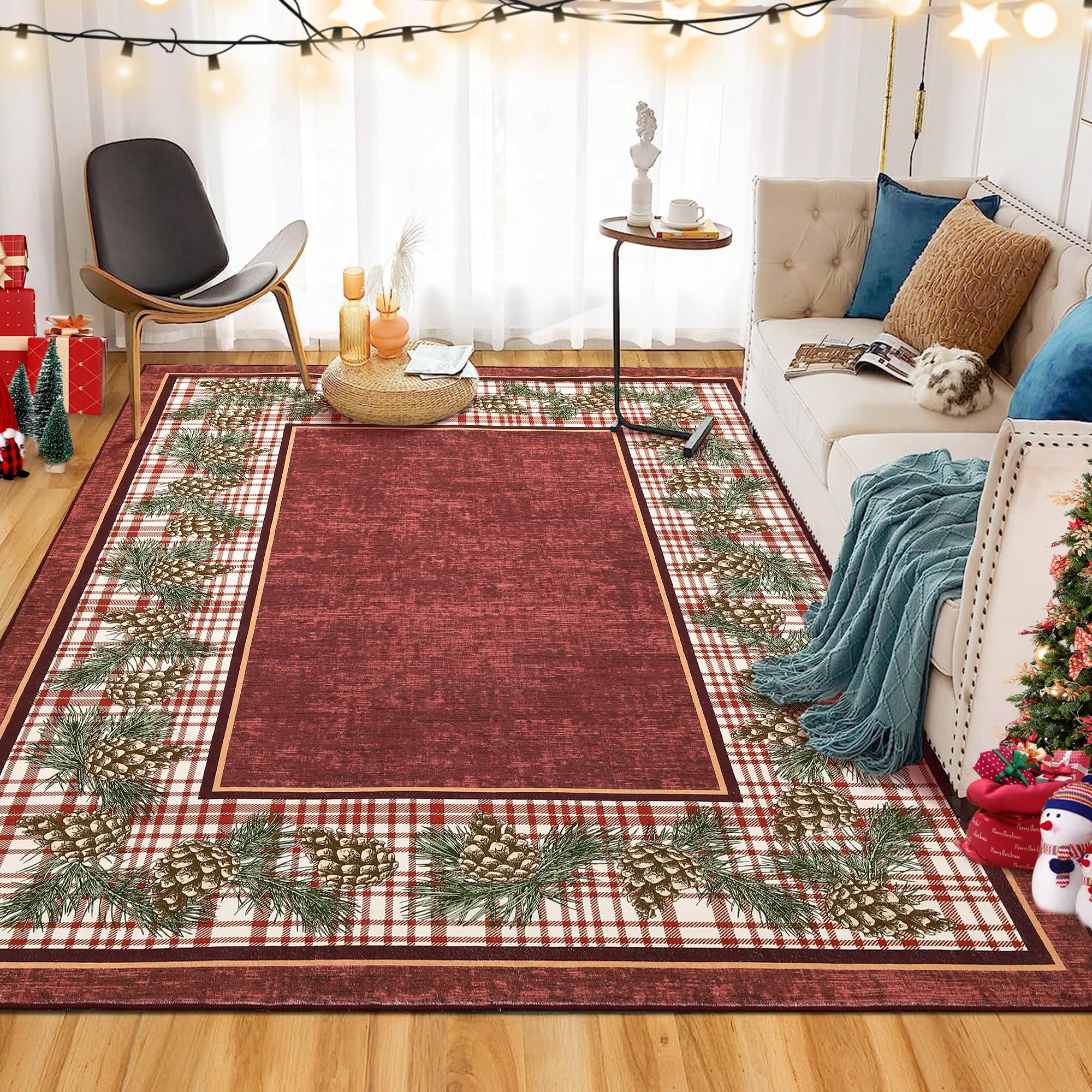 RUGSREAL Christmas Area Rug 9x12 Washable Rug Xmas Pine Cones Rug Ultra Thin Soft Rug Non Shedding Indoor Floor Carpet for Entry