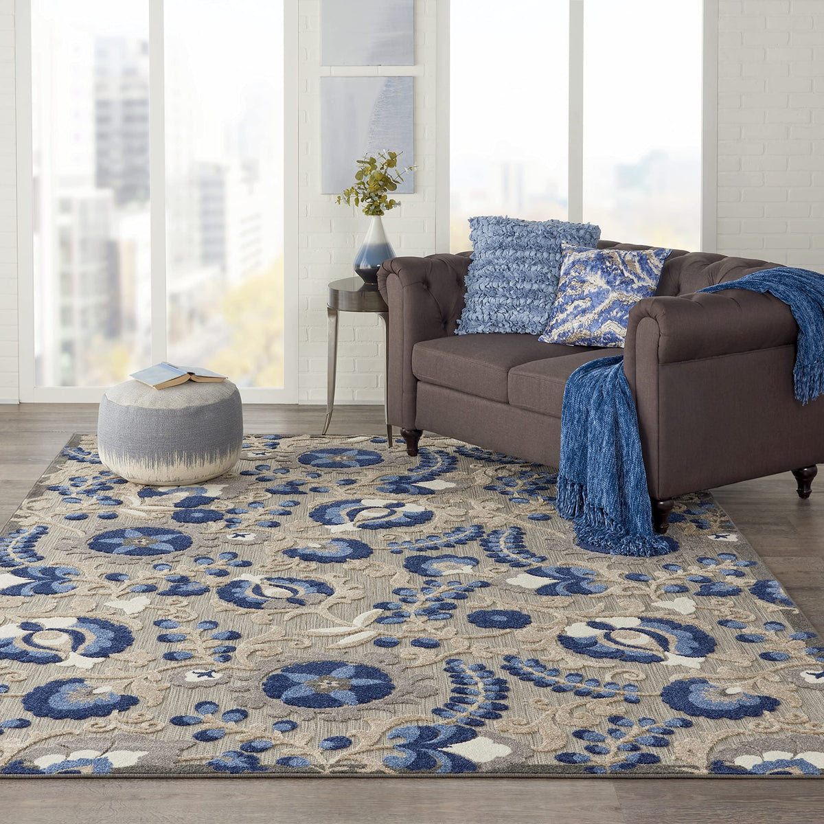 Nourison Aloha Indoor/Outdoor Natural/Blue 7' X 10' Area -Rug, Easy -Cleaning, Non Shedding, Bed Room, Living Room, Dining Room, Deck, Backyard, Patio (7X10)