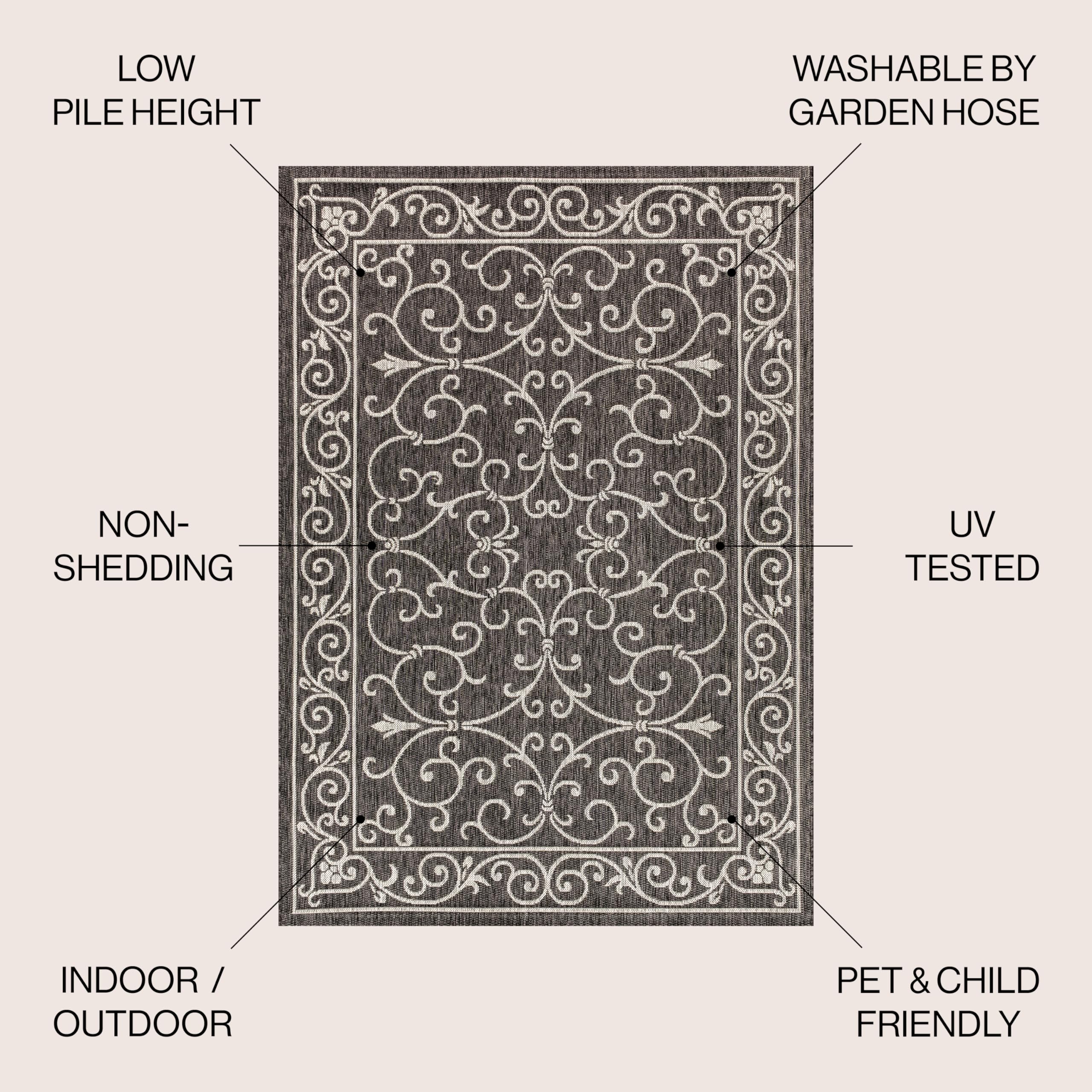 Jonathan Y Smb106G-9 Charleston Vintage Filigree Textured Weave Indoor Outdoor Area-Rug Classic Coastal Easy-Cleaning Bedroom Kitchen Backyard Patio Non Shedding, 9 X 12, Black/Gray