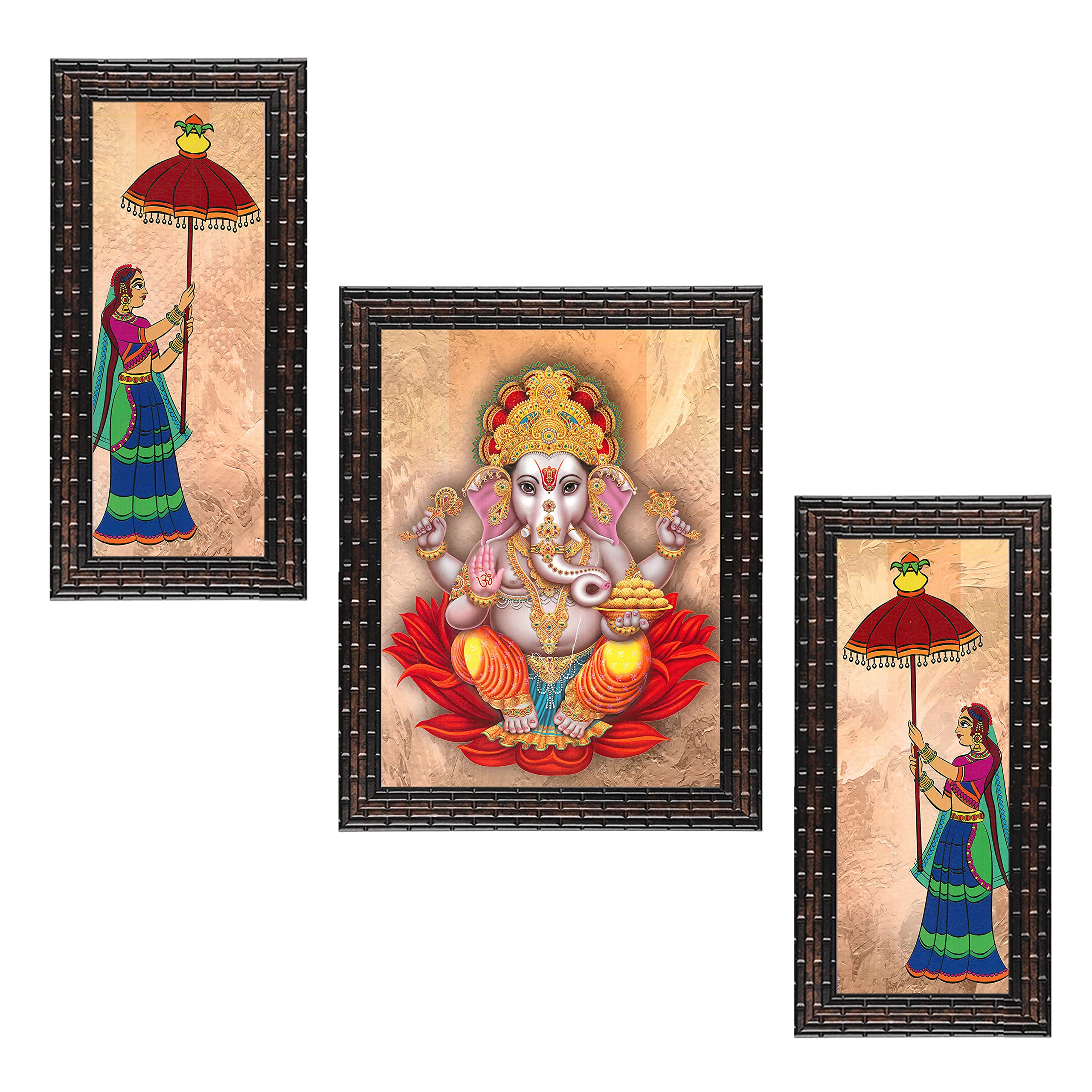 Indianara Set Of 3 Lord Ganesha Framed Art Painting (3754Gb) Without Glass 6 X 13, 10.2 X 13, 6 X 13 Inch