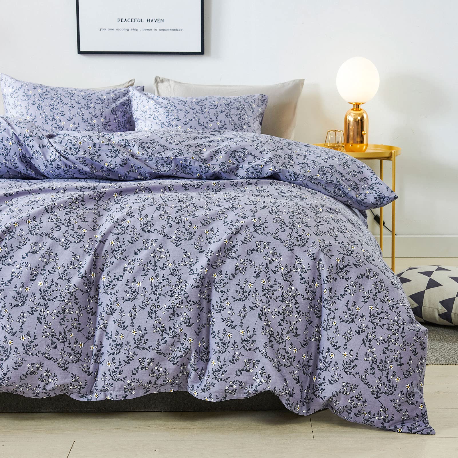 Honeilife Duvet Cover King Size - 100% Cotton Comforter Cover Floral Duvet Cover Sets,Pale Purple Duvet Cover With Zipper Closur