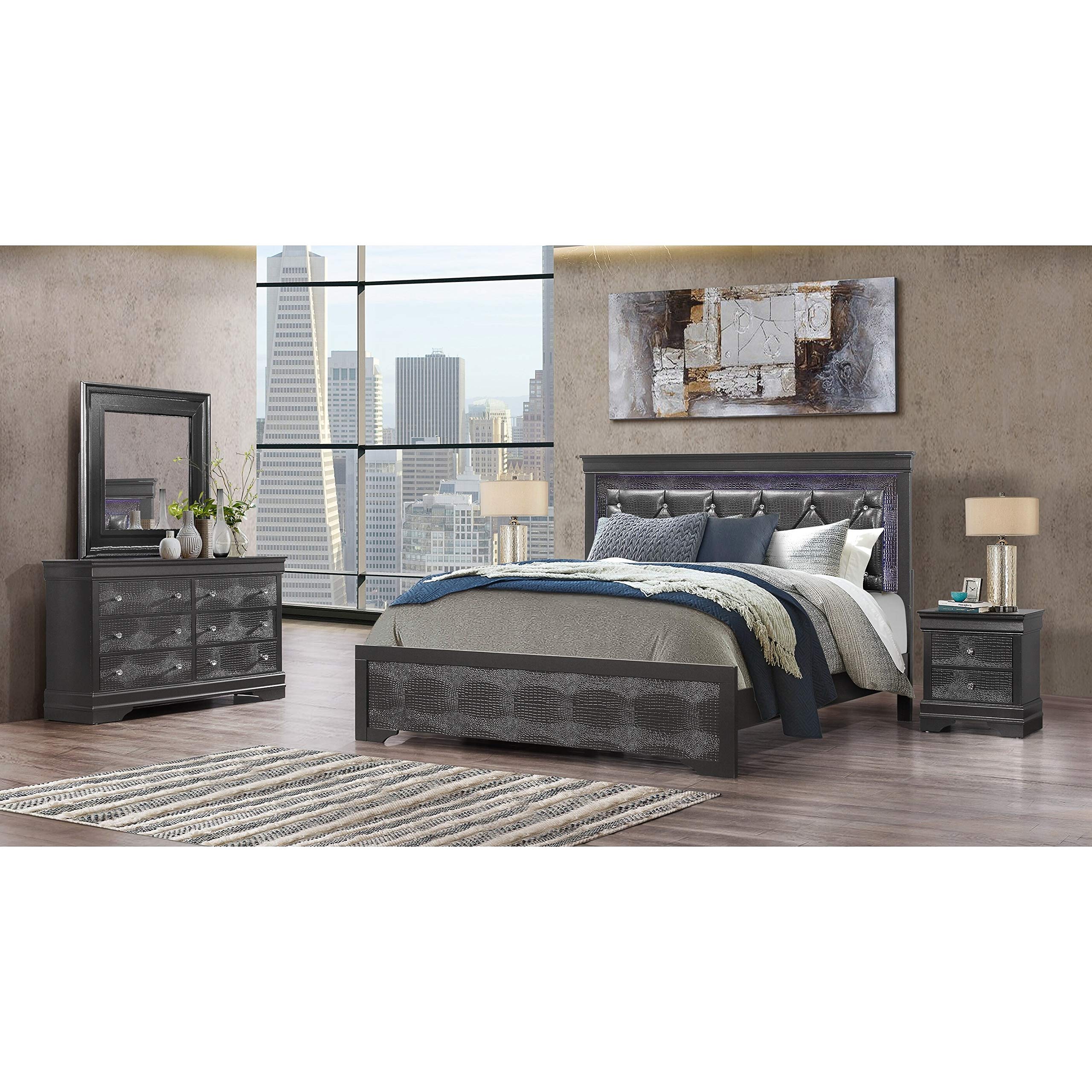 Global Furniture Usa Pompei Metallic Grey King Size Bed W/Led Light Sleigh