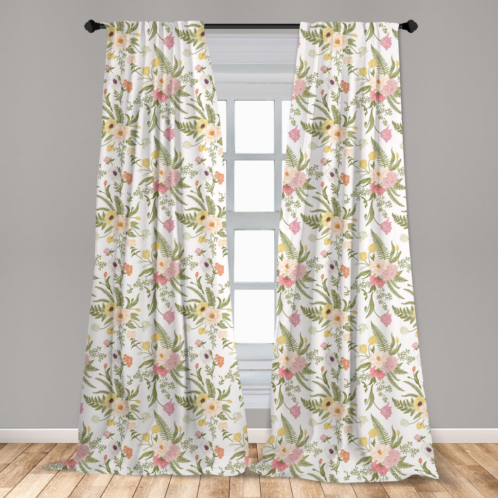 Ambesonne English Garden Curtains, Repetitive Floral Pattern With Vintage Different Flowers Bouquet, Window Treatments 2 Panel S