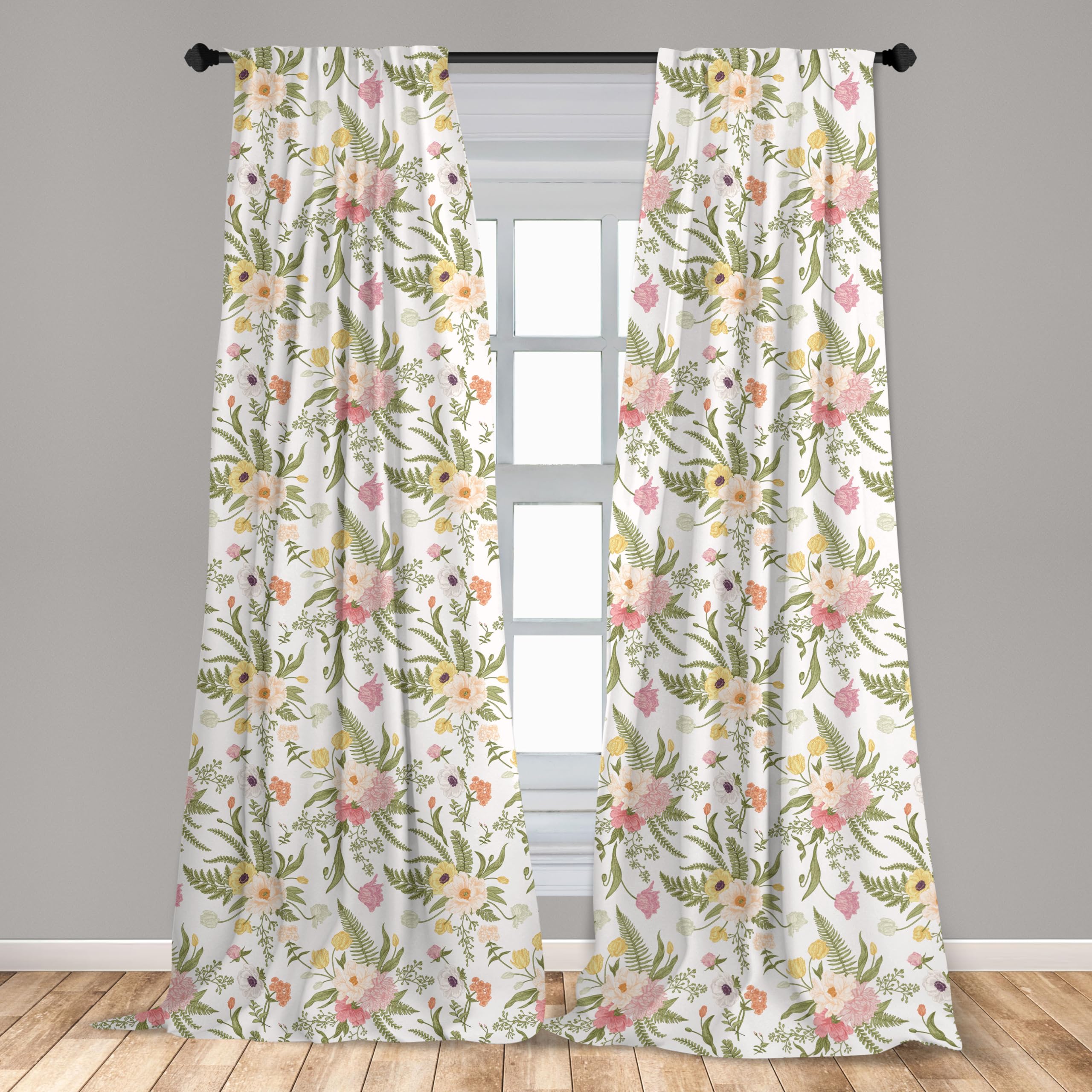 Ambesonne English Garden Curtains, Repetitive Floral Pattern With Vintage Different Flowers Bouquet, Window Treatments 2 Panel S