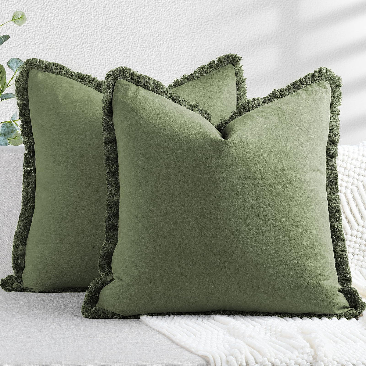 Zwjd Pillow Covers 18X18 Set Of 2 Army Green Throw Pillow Covers With Fringe Chic Cotton Decorative Pillows Square Cushion Cover
