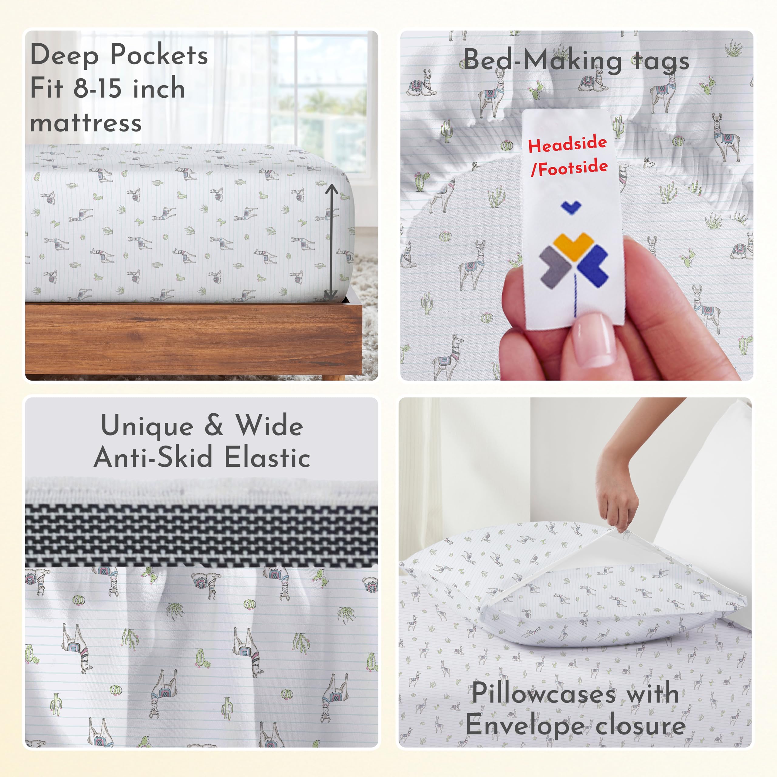 California Design Den Printed Full Size Cotton Sheet Set, 100% Organic Cotton Percale Sheets, Deep Pocket Sheets & Pillowcase Set - Llama