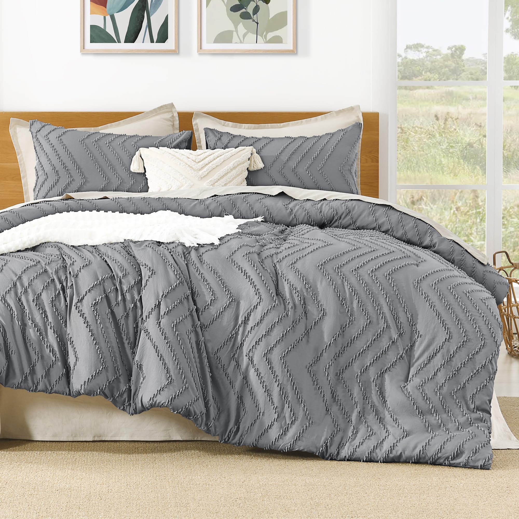 Litanika California King Size Comforter Set Medium Gray, 3 Pieces Chevron Tufted Bedding Set & Collections, All Season Bed Set (