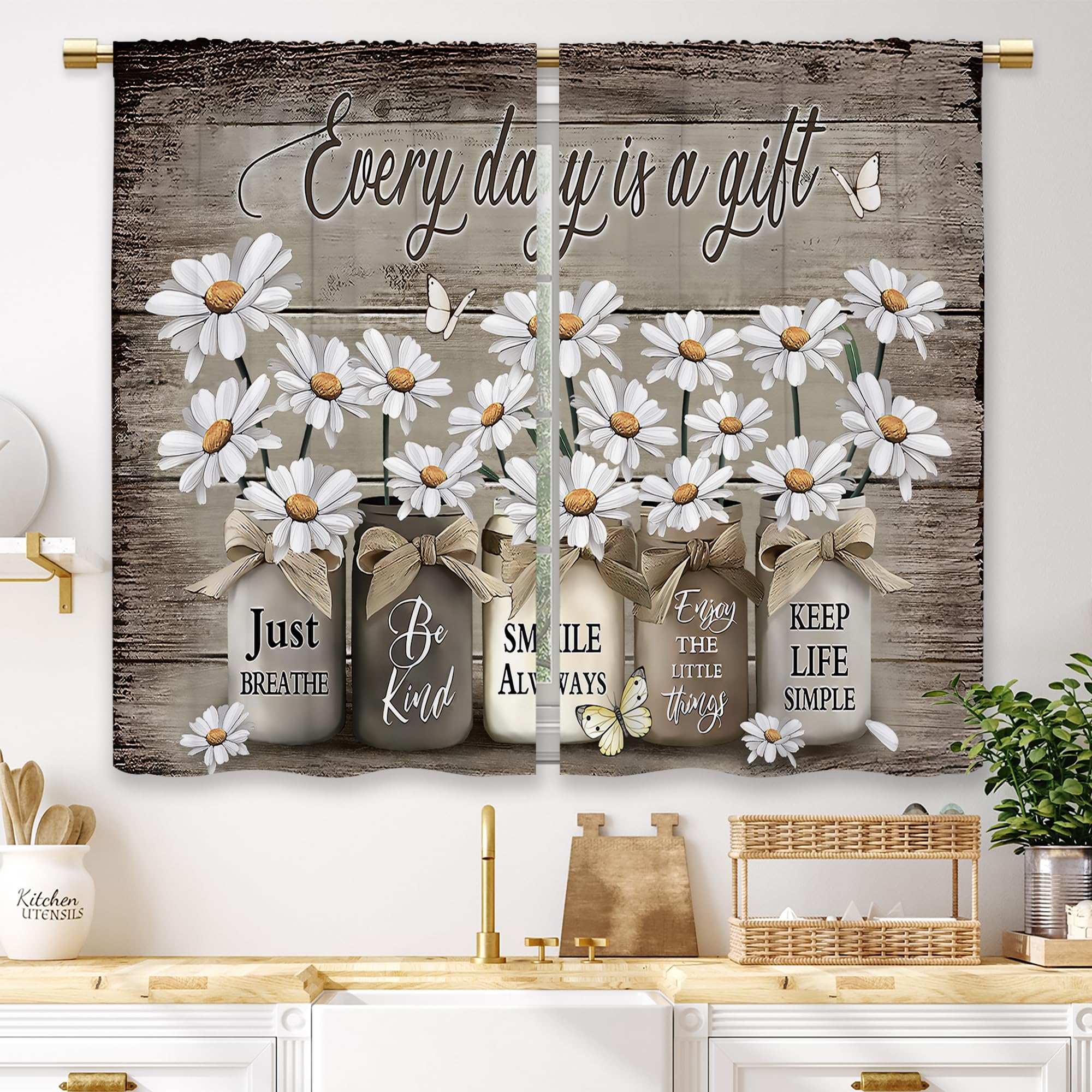 Laifzere Vintage Floral Kitchen Curtains Rustic Flower Inspirational Small Short Cafe Window Curtains Wooden Country Quotes Bath