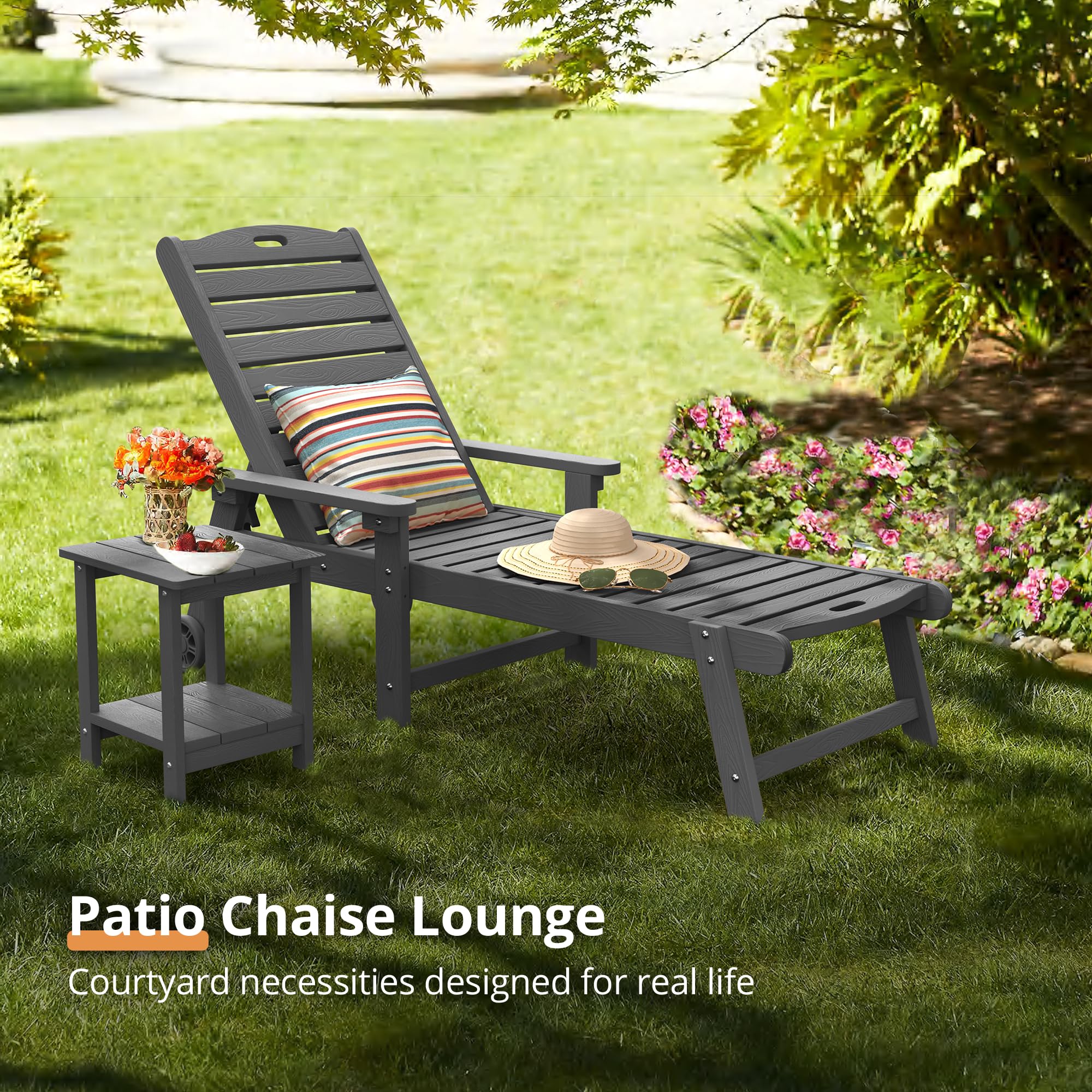Lue Bona Chaise Lounge Chairs Set With Table, 6-Piece, 79'' Oversized Hdps Chaise Lounger, 5 Positions Adjustable Lounge Chairs, Pool Lounge Chair With Wheels For Poolside, 3 Year Warranty, Dark Gray