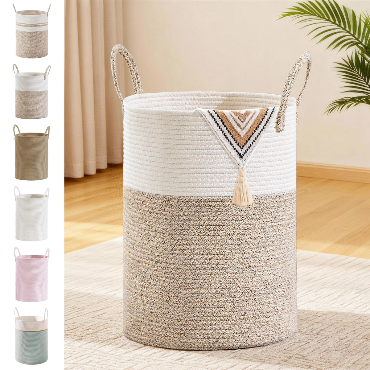 SunNewt 53L Tall Cotton Rope Laundry Basket with Handles, Brown