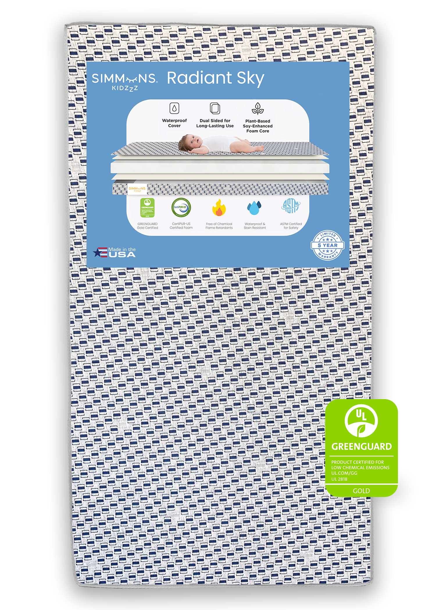 Simmons Kids Radiant Sky Dual Sided Baby Crib Mattress and Toddler Mattress, Waterproof, GREENGUARD Gold and CertiPUR-US Certifi