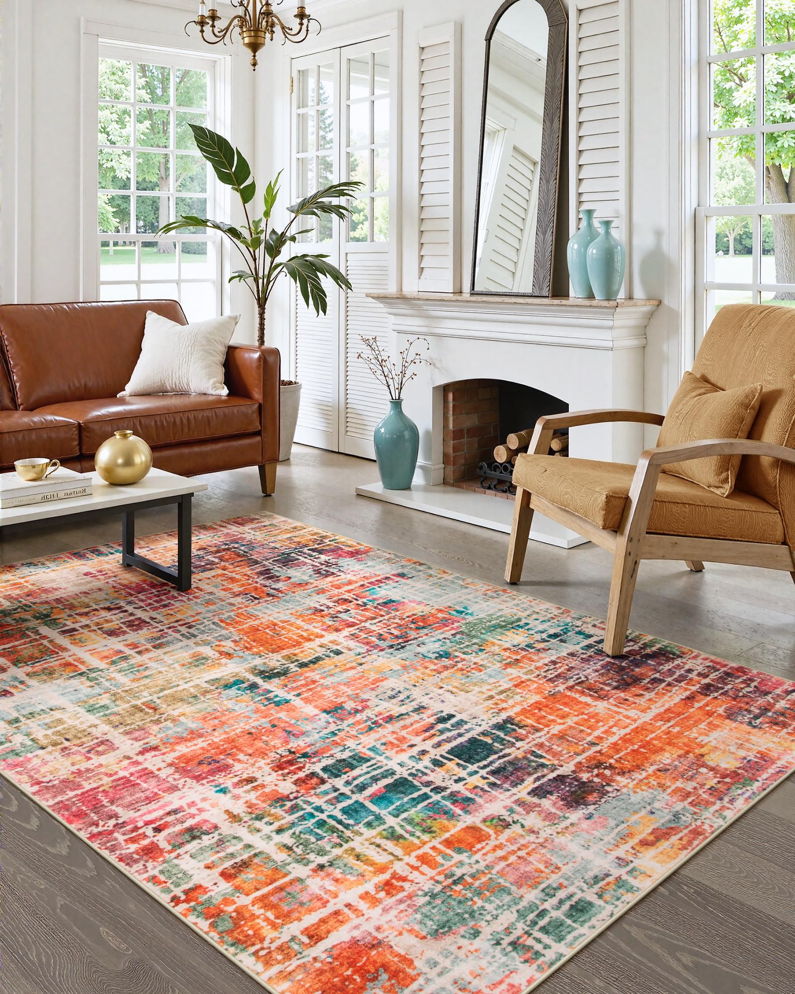 Beeiva Abstract Rugs for Bedroom 4x6, Modern Washable Non Slip Rug Non Skid, Ultra Thin Foldable Soft No Shedding Carpet for Liv