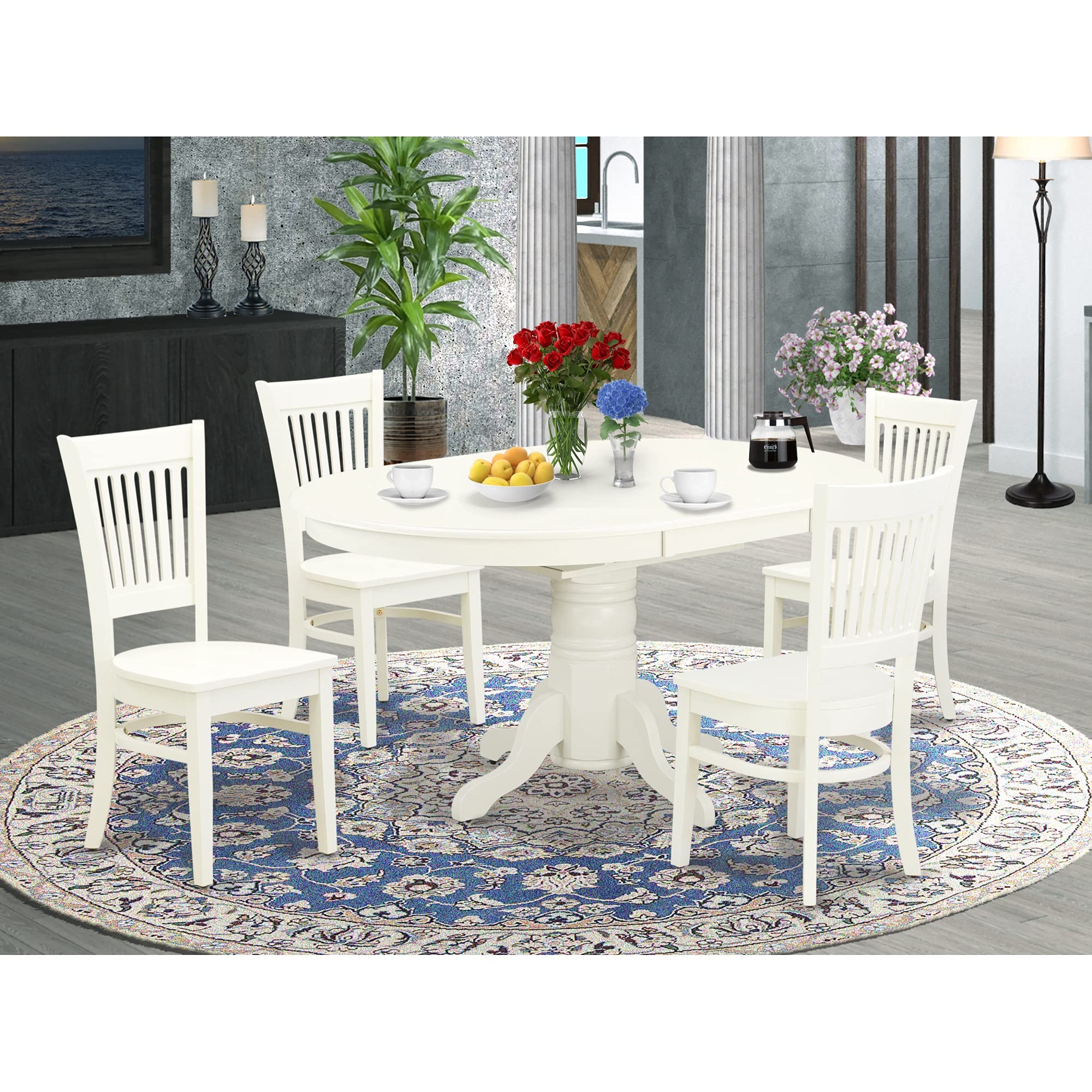 East West Furniture Avva5-Lwh-W Avon 5 Piece Kitchen Set Includes An Oval Room Table With Butterfly Leaf And 4 Dining Chairs, Linen White