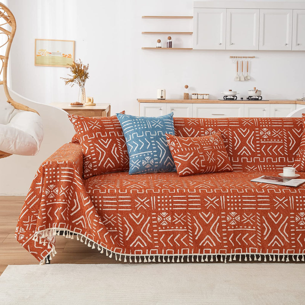 Handontime Boho Aztec Sofa Slipcover For Sofa/Couch Farmhouse Geometric Couch Protector For Dogs With Tassel Brick Orange Couch Covers Sofa Cover For Dogs Cats Kids Bohemian Sofa Décor, 71' X134'