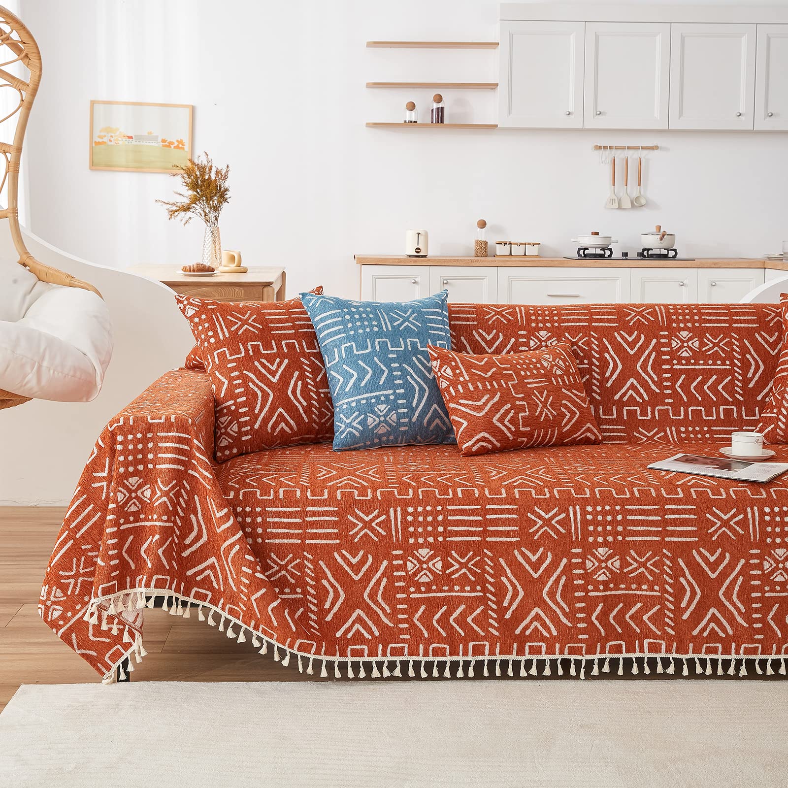 Handontime Boho Aztec Sofa Slipcover For Sofa/Couch Farmhouse Geometric Couch Protector For Dogs With Tassel Brick Orange Couch Covers Sofa Cover For Dogs Cats Kids Bohemian Sofa Décor, 71' X134'