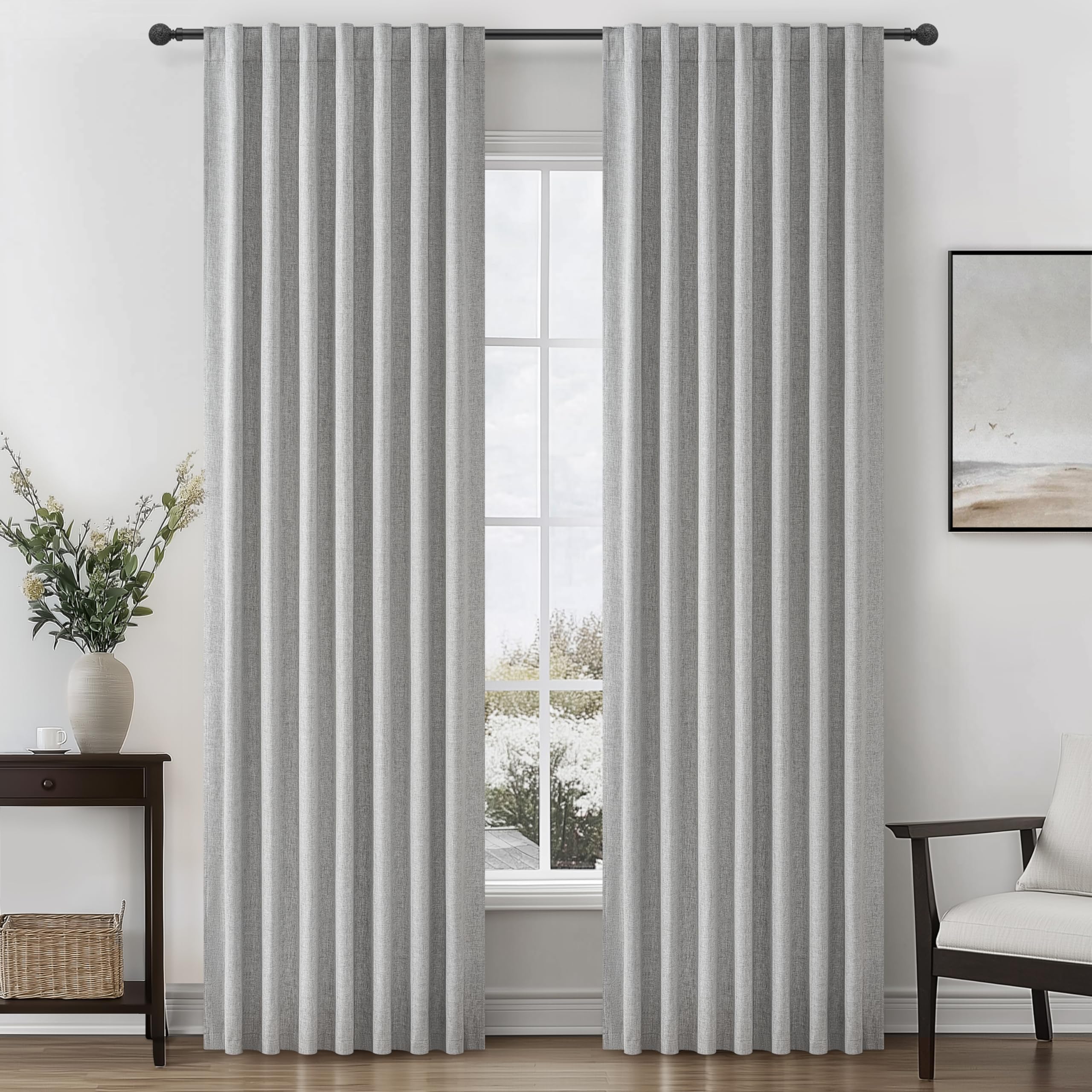 Gray 100% Black Out Linen Curtains 86 Inches Long 2 Panels Set for Kids Boys Room, Country Farmhouse Pleated Ceiling Track Curta