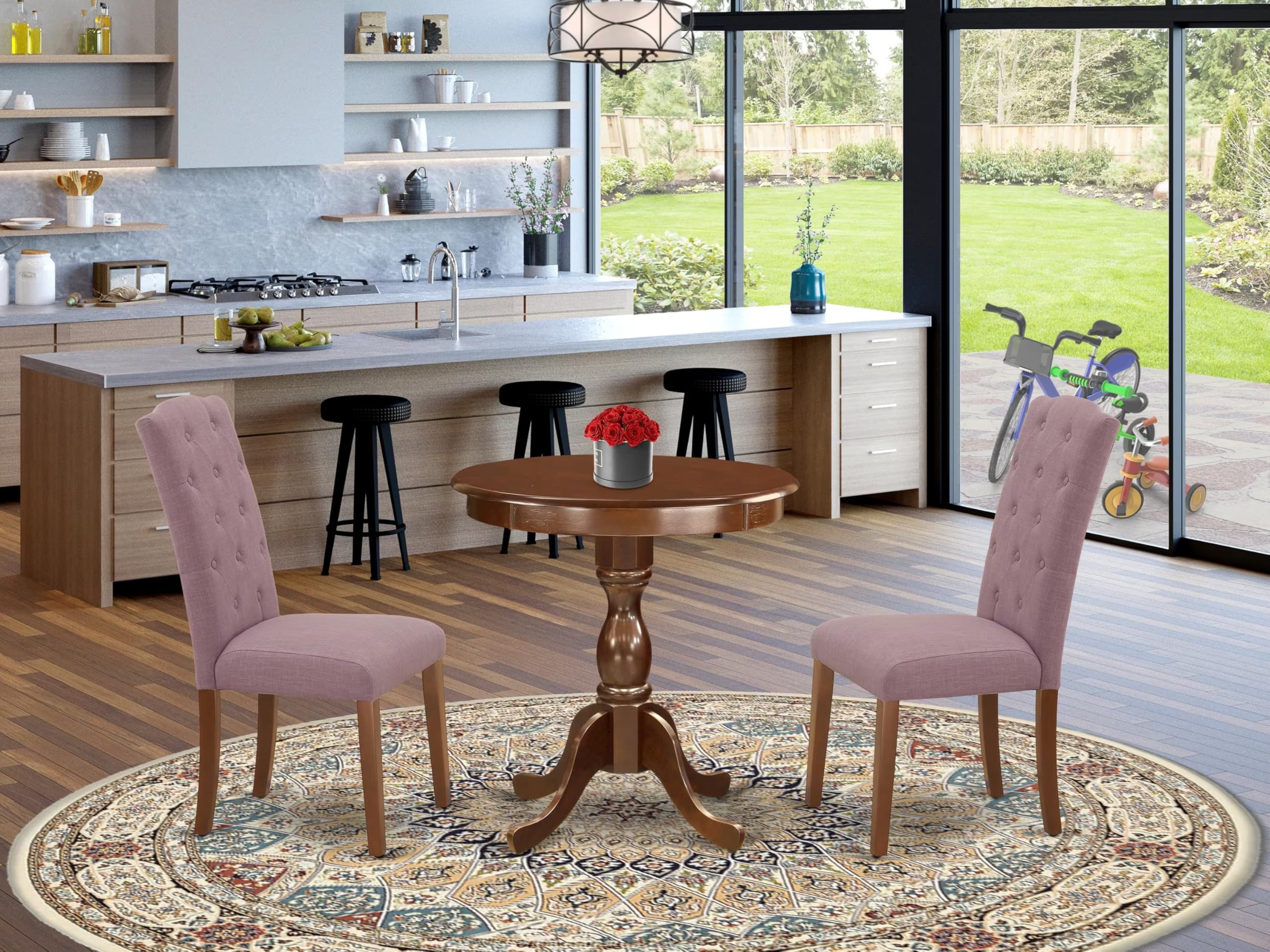 East West Furniture Esce3-Mah-10 3 Piece Kitchen Table Set Contains A Round Dining Room Table With Pedestal And 2 Dahlia Linen Fabric Parsons Dining Chairs, 30X30 Inch, Mahogany