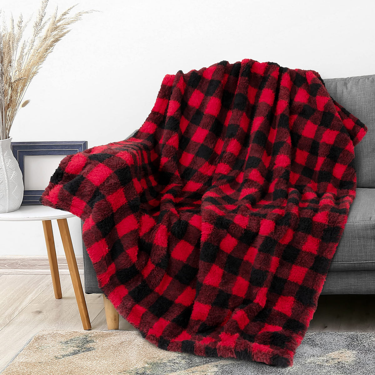 Pavilia Buffalo Plaid Black Red Sherpa Throw Blanket For Couch Sofa | Fluffy Shaggy Fleece Blanket | Plush, Fuzzy, Cozy, Warm Mi