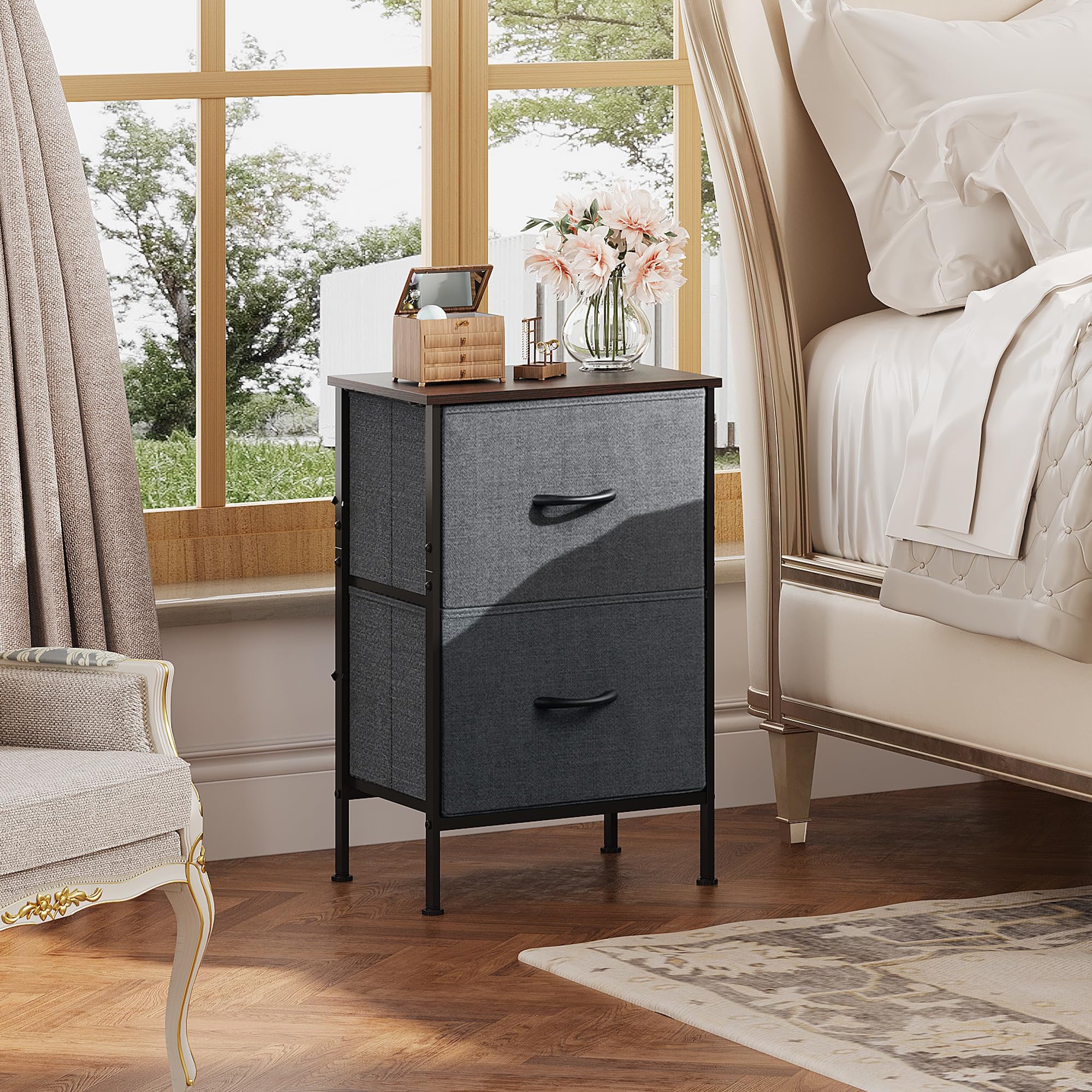 Wlive Night Stand Set 2, Dresser And Nightstand Sets, Nightstands For Bedroom With 2 Fabric Drawer, End Tables Bedroom Furniture Set, Closet, College Dorm, Dark Grey, Size L