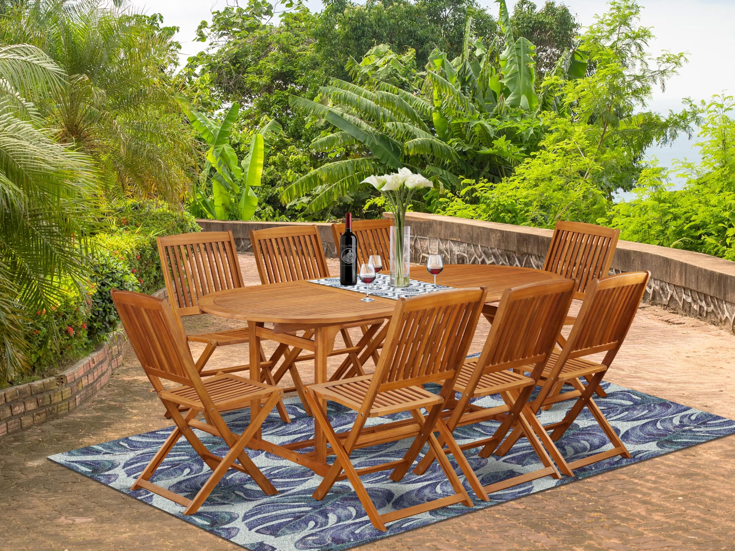 East West Furniture BSCM9CWNA 9 Piece Patio Dining Set Includes an Oval Outdoor Acacia Wood Table and 8 Folding Side Chairs, 36x78 Inch, Natural Oil