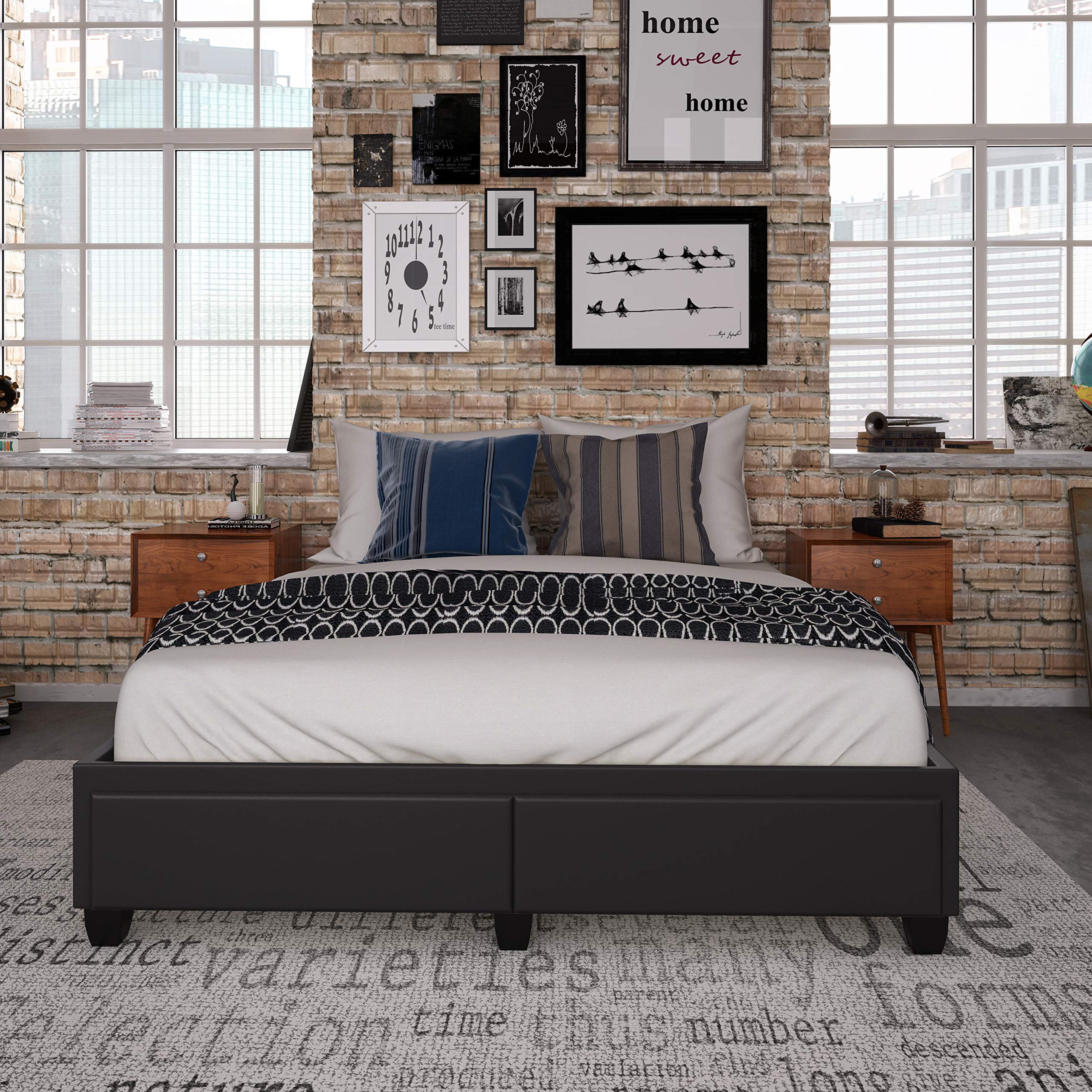 Boyd Sleep Parma Upholstered Platform Bed Frame Mattress Foundation With Dual Front Storage Drawers And Strong Wood Slat Supports: Button Tufted Faux Leather, Black, Queen
