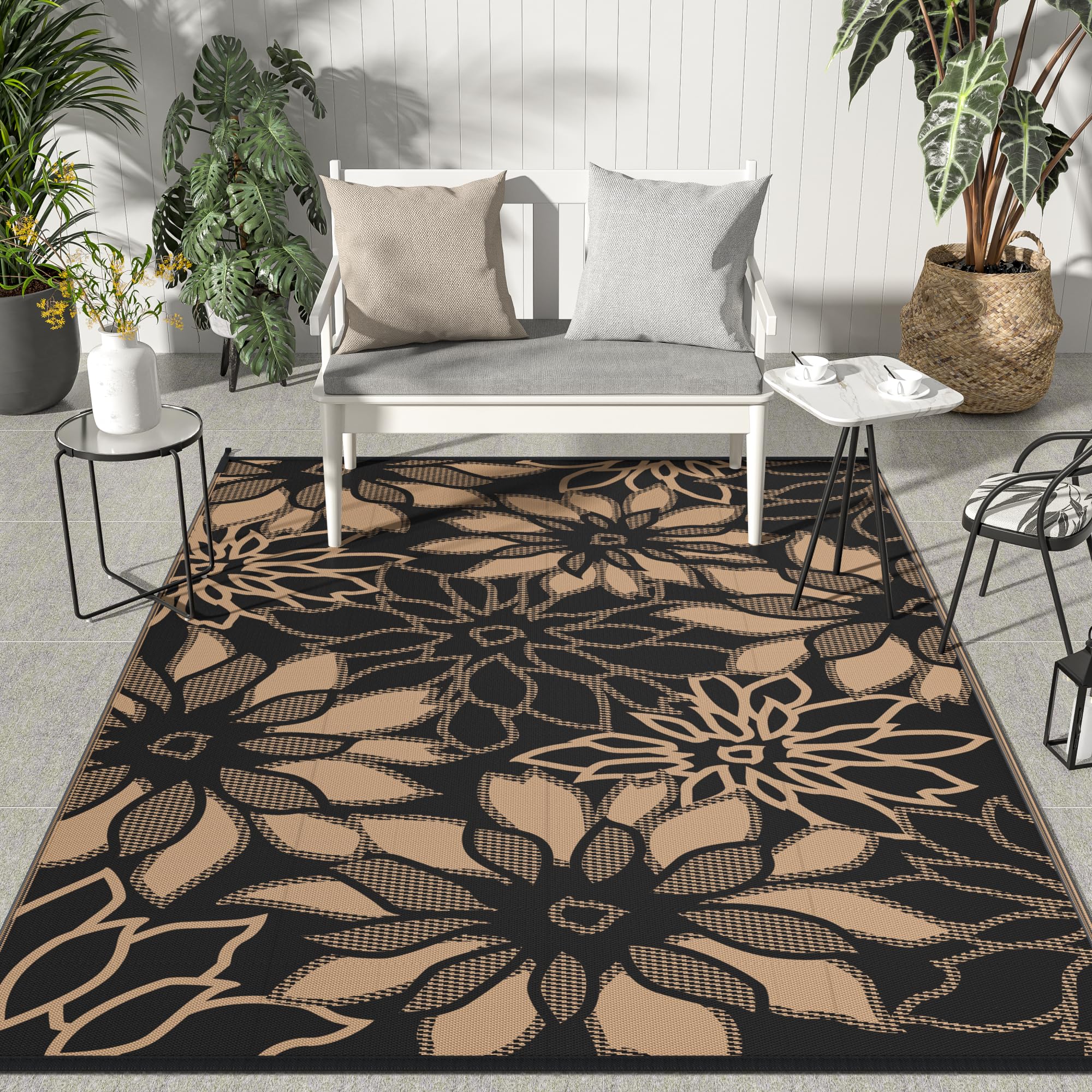 Genimo Outdoor Rug Waterproof For Patios Clearance, 6' X 9' Reversible Plastic Straw Floral Camping Carpet, Large Area Rugs Mats