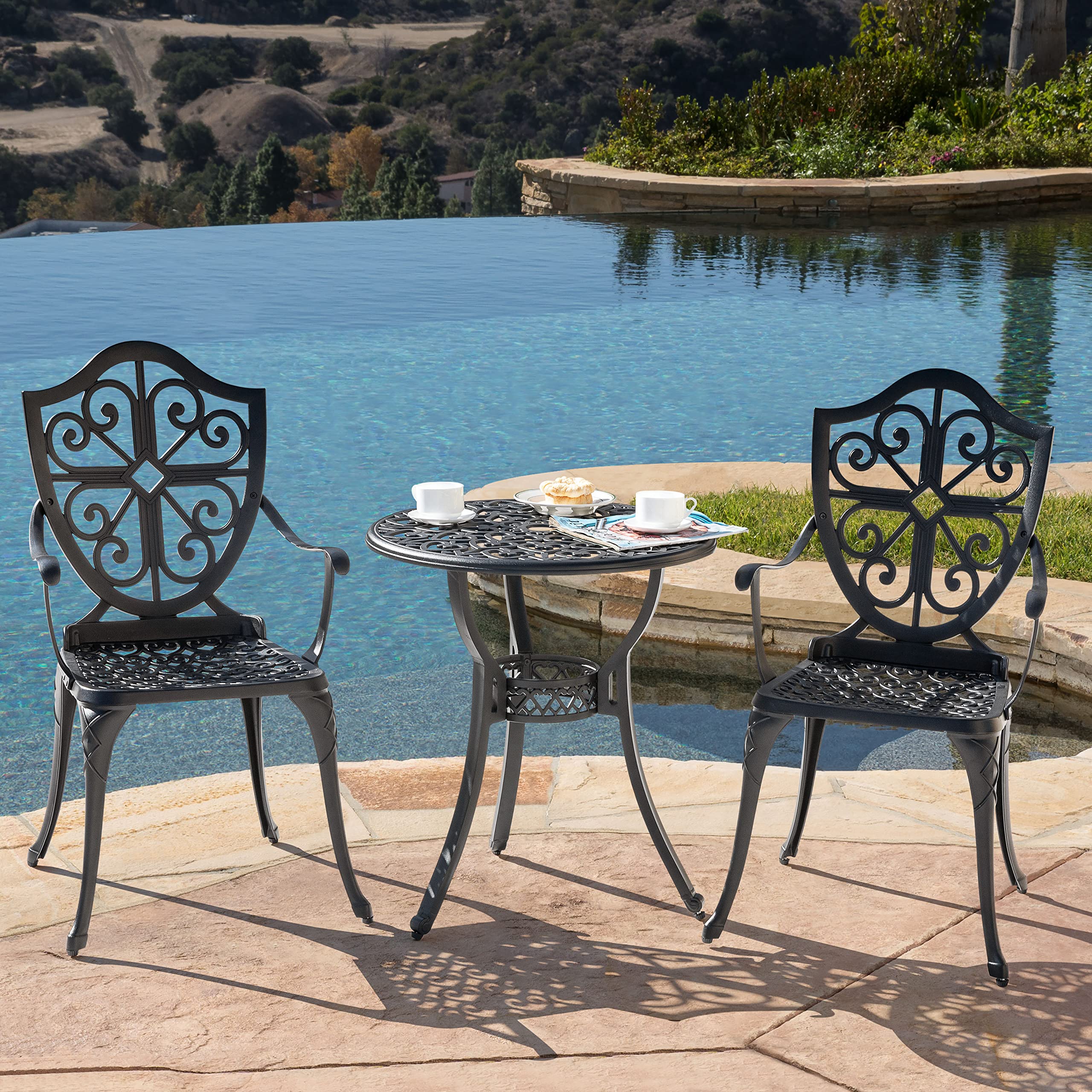 Nuu Garden 3 Piece Outdoor Bistro Set All Weather Cast Aluminum Patio Set Bistro Table Set Rustproof Patio Table And Chairs With Umbrella Hole For Backyard, Balcony, Front Porch, Black