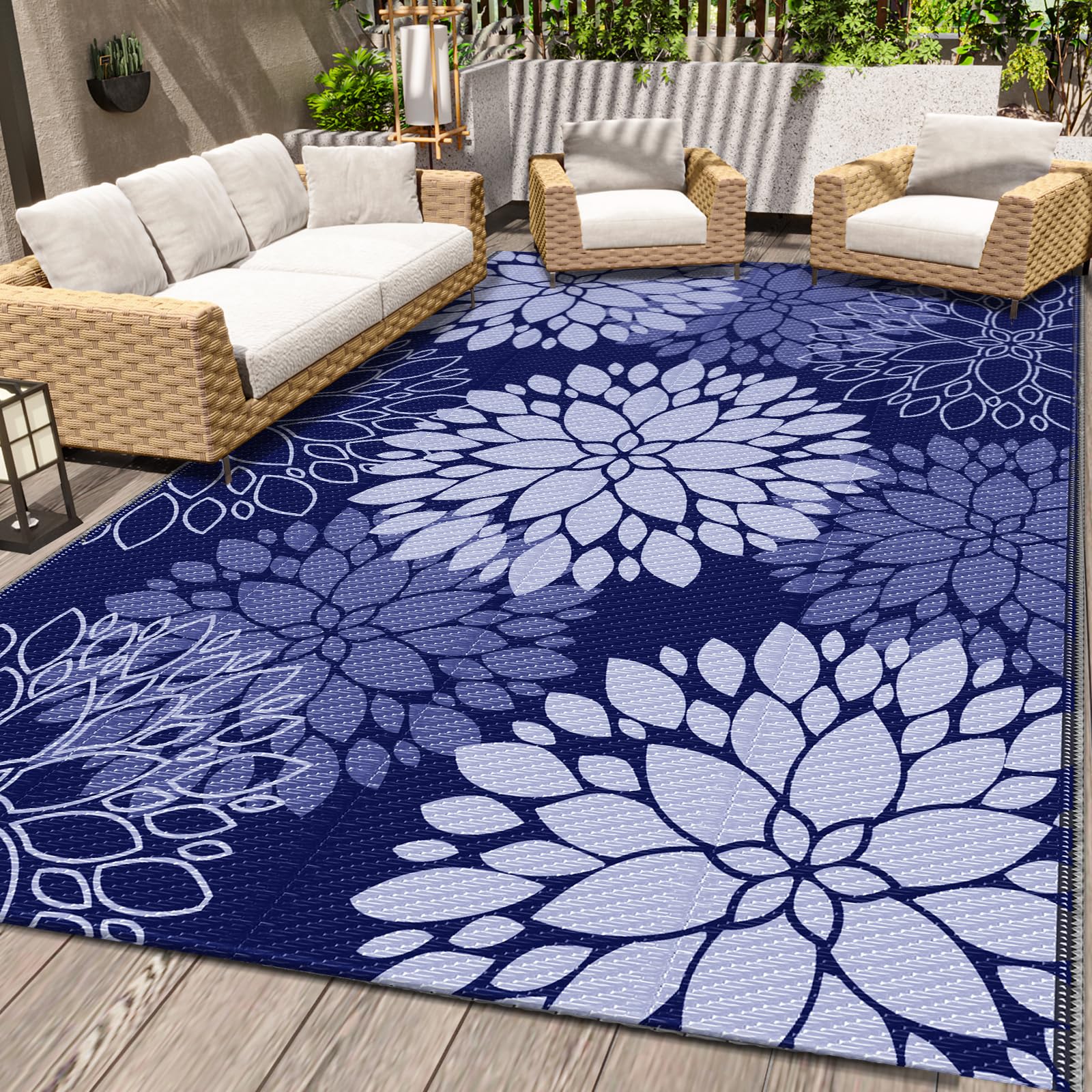 Luxstep Outdoor Rug Waterproof Outdoor Plastic Straw Rug Reversible Patio Rug Mat Outdoor Decor Large Area Mats For Rv, Picnic, Backyard, Deck, Balcony, Porch, Beach, Camping, 5' X 8' Blue