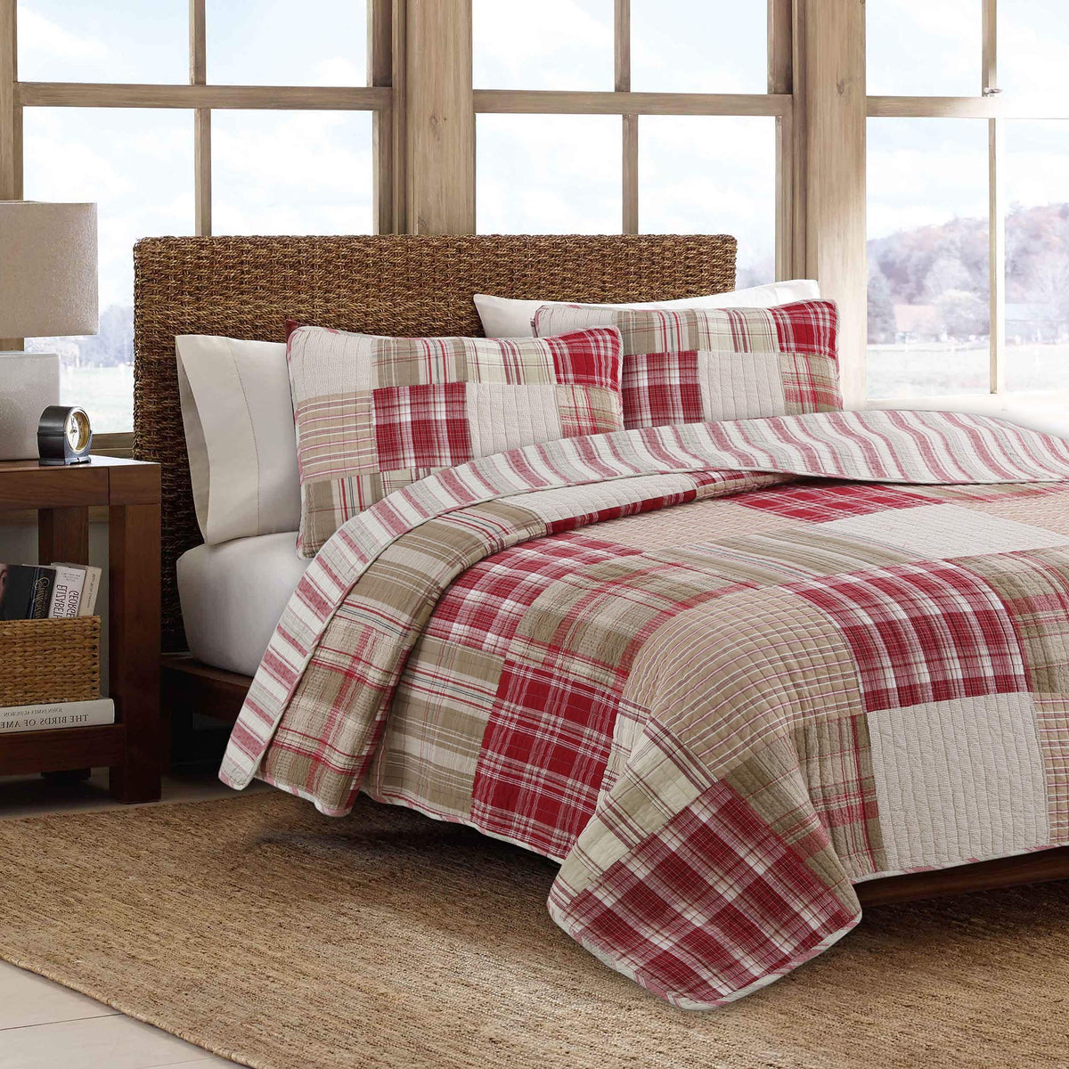 Cozy Line Home Fashions 100% Cotton True Patchwork Reversible Red Tartan Plaid Timeless Quilt Bedding Set, Coverlet Bedspread (C