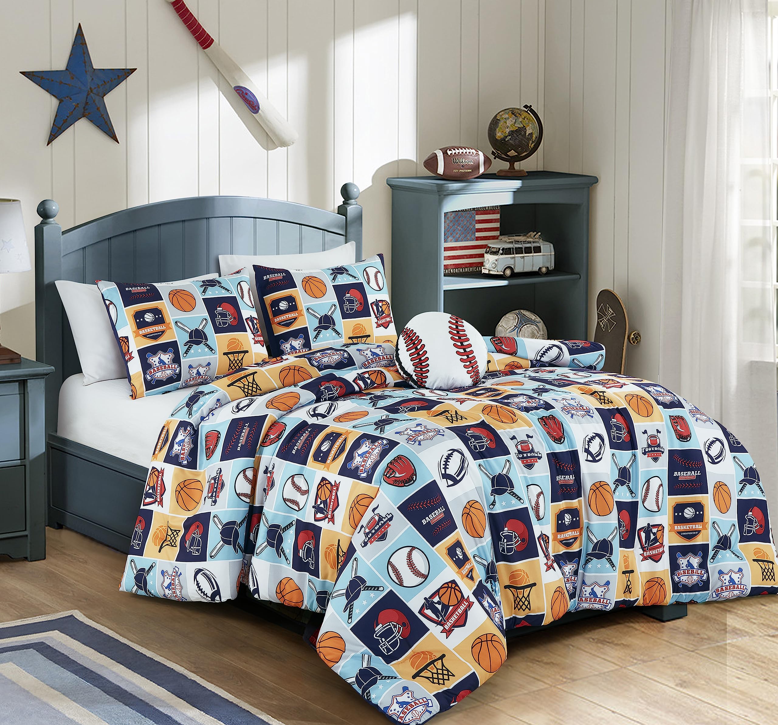 Chezmoi Collection 4-Piece Kids My Sports Bedding Comforter Set Full/Queen Size - Soft Microfiber Navy Blue Gray Orange White Pr