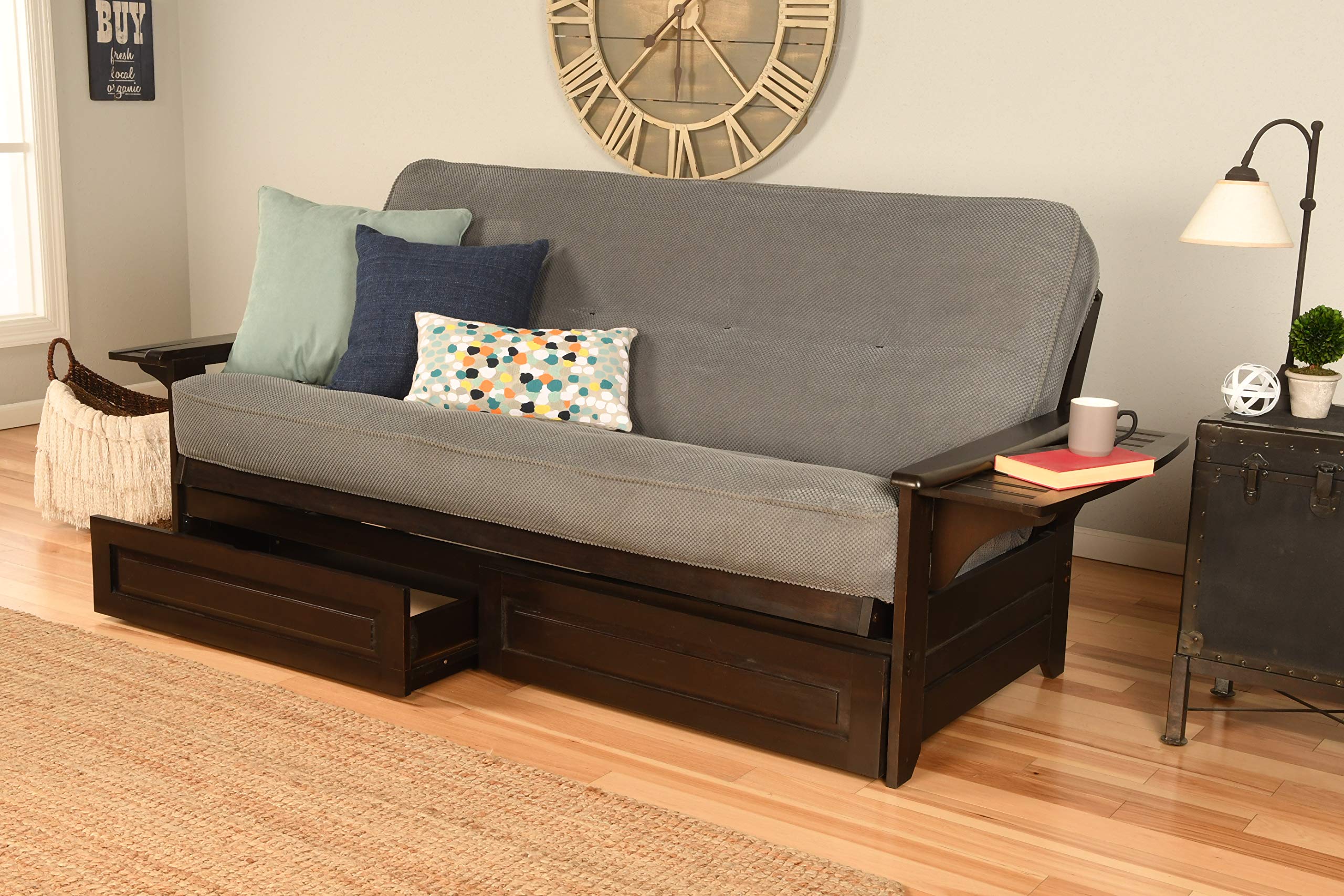 Kodiak Furniture Phoenix Full Size Futon In Espresso Finish With Storage Drawers, Marmont Thunder