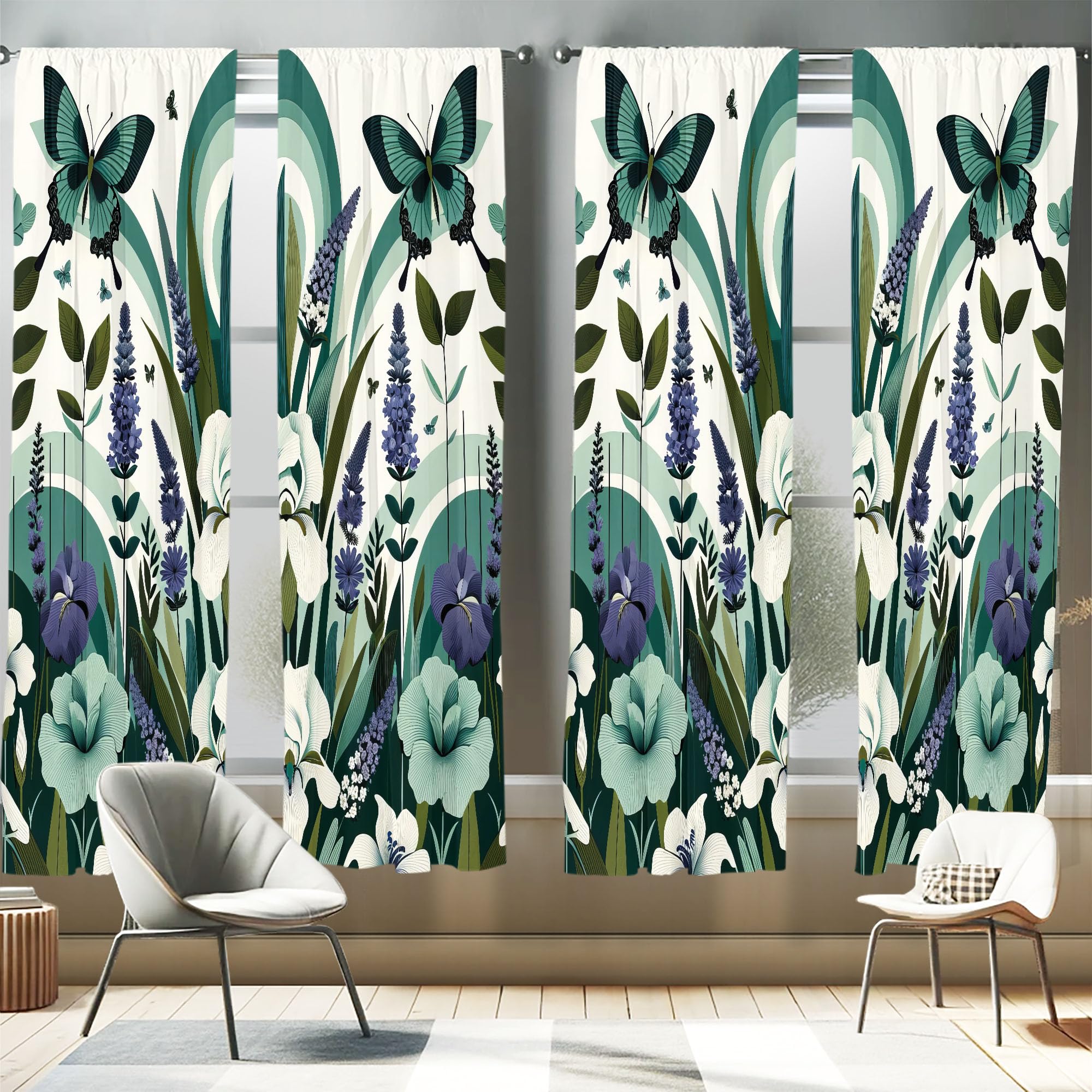 Ambesonne Teal Window Curtains Pack of 2, Curving Leaves and Floral Mirage with Iris Lavender Eucalyptus Butterfly, Lightweight 