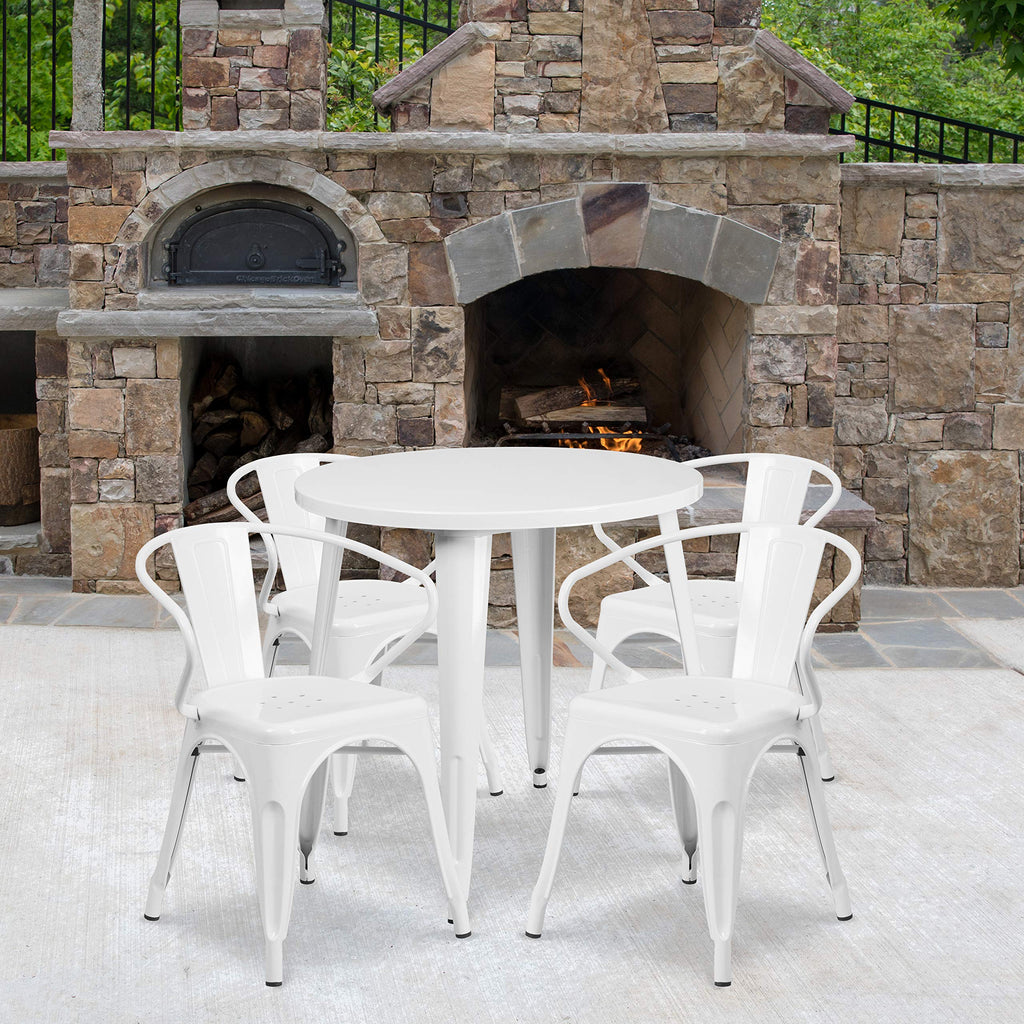Flash Furniture Commercial Grade 30" Round White Metal Indoor-Outdoor Table Set with 4 Arm Chairs
