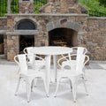 Flash Furniture Commercial Grade 30" Round White Metal Indoor-Outdoor Table Set with 4 Arm Chairs