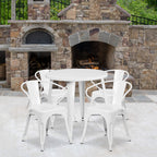 Flash Furniture Commercial Grade 30" Round White Metal Indoor-Outdoor Table Set with 4 Arm Chairs