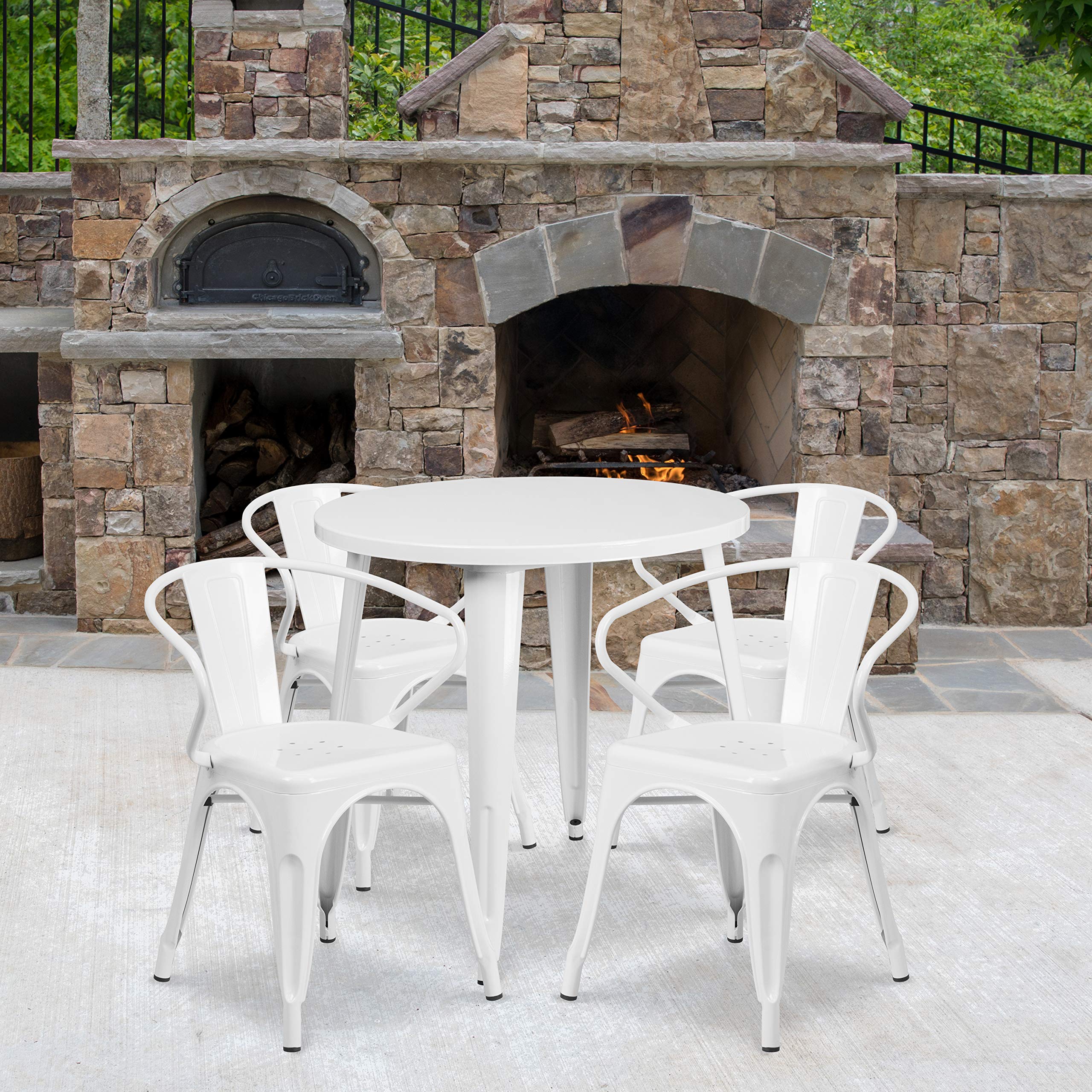 Flash Furniture Commercial Grade 30" Round White Metal Indoor-Outdoor Table Set with 4 Arm Chairs