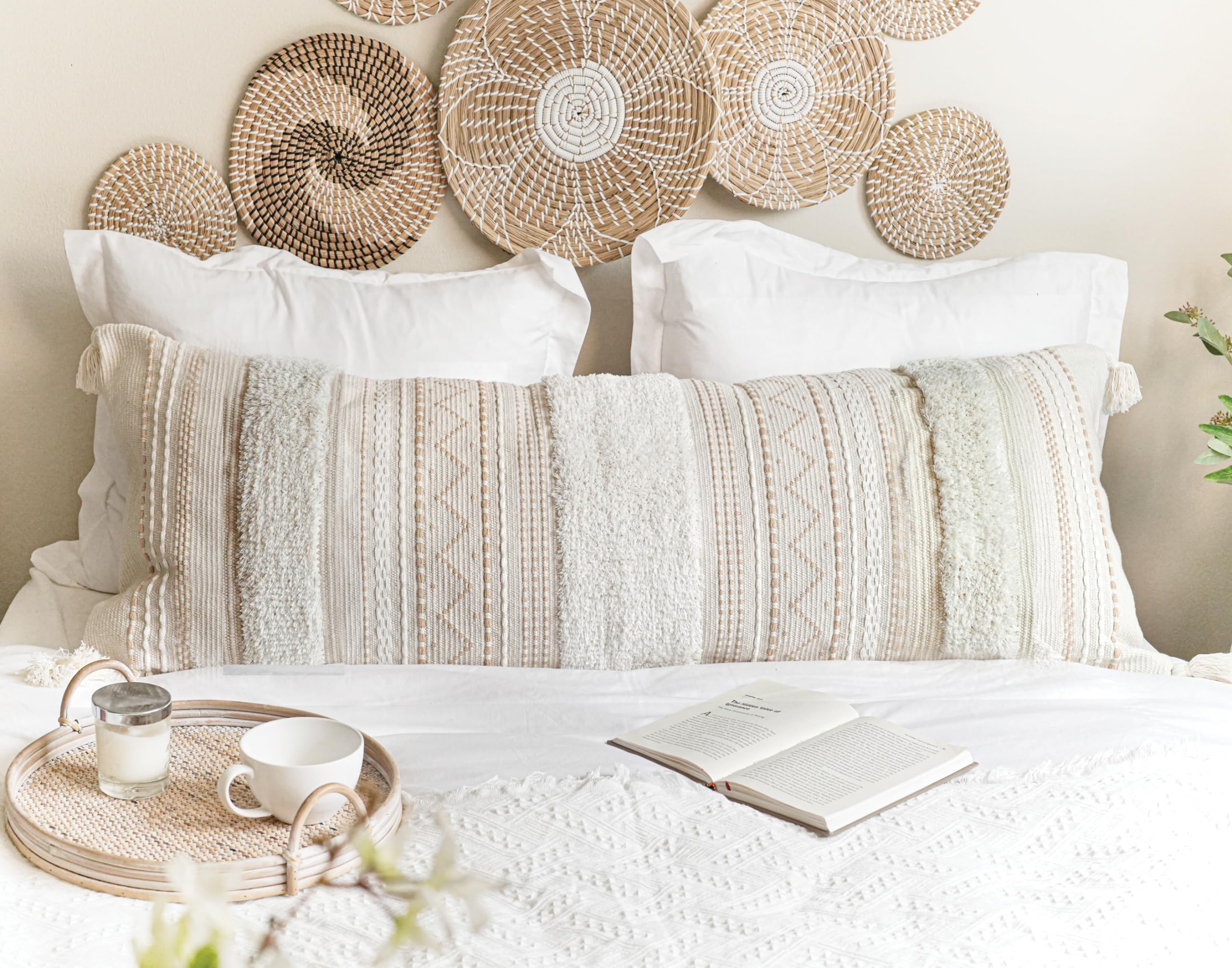 Blissblush Large Body Pillow Cover For Bed 20X54 Boho Accent Oversized Long Pillowcase For Bedroom Neutral White Decorative Cush