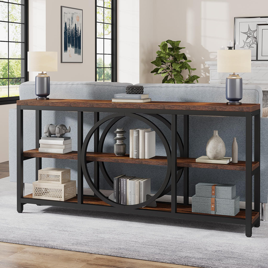 Tribesigns Extra Long Console Table, 70.9 Inch Narrow Sofa Tables With 3 Tier Wood Storage Shelves Industrial Metal Frame For Entryway Hallway Living Room Behind Couch, Rustic Brown Black